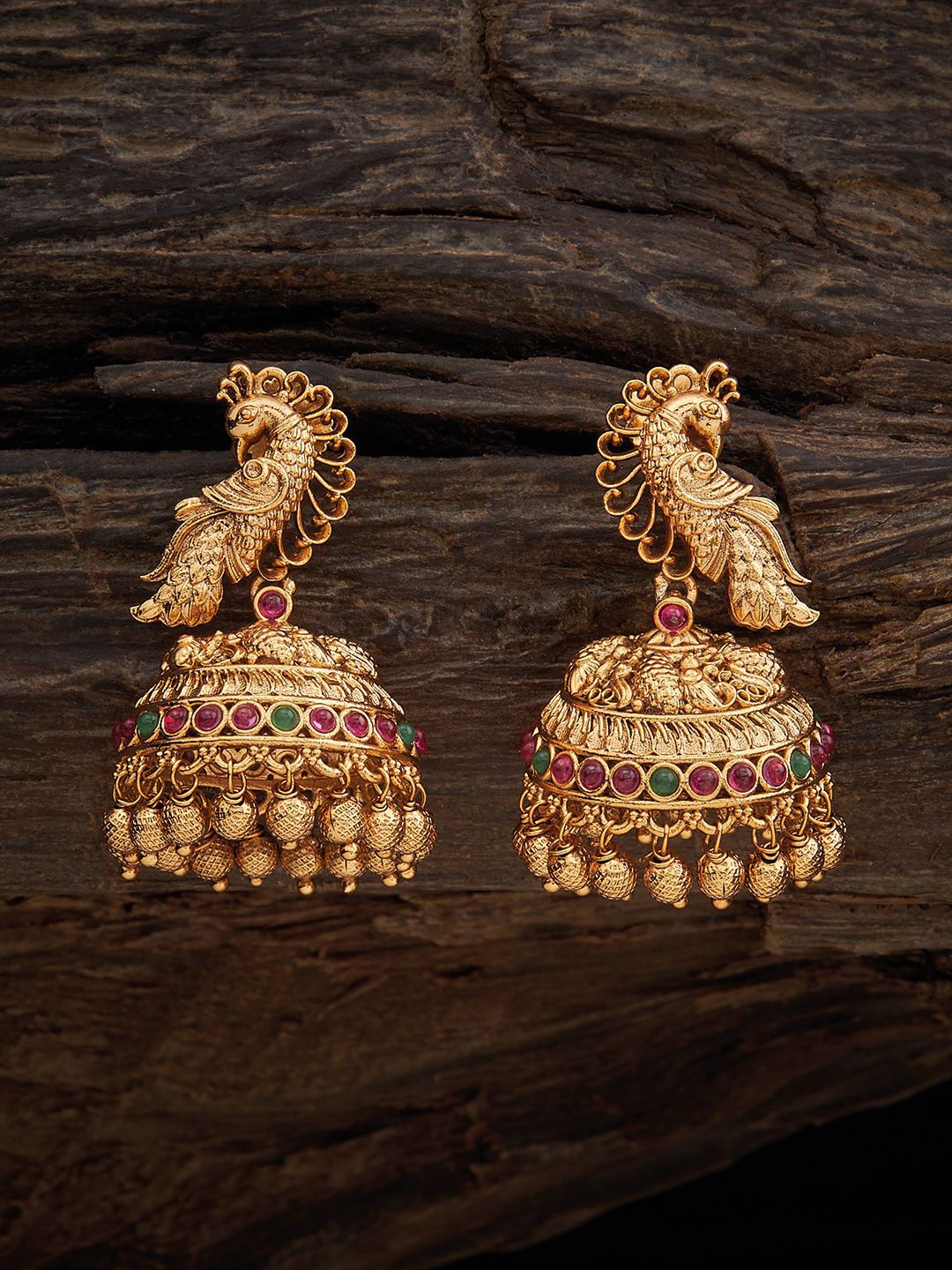 

Kushal's Fashion Jewellery Gold-Plated Copper Peacock Shaped Jhumkas Earrings, Red
