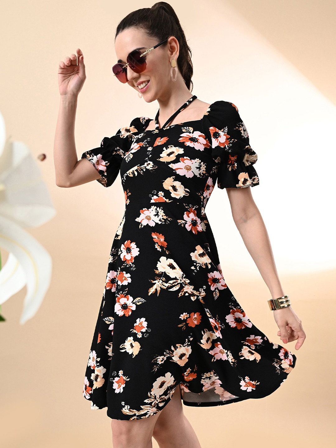 

IUGA Floral Print Puff Sleeve A-Line Dress, Multi