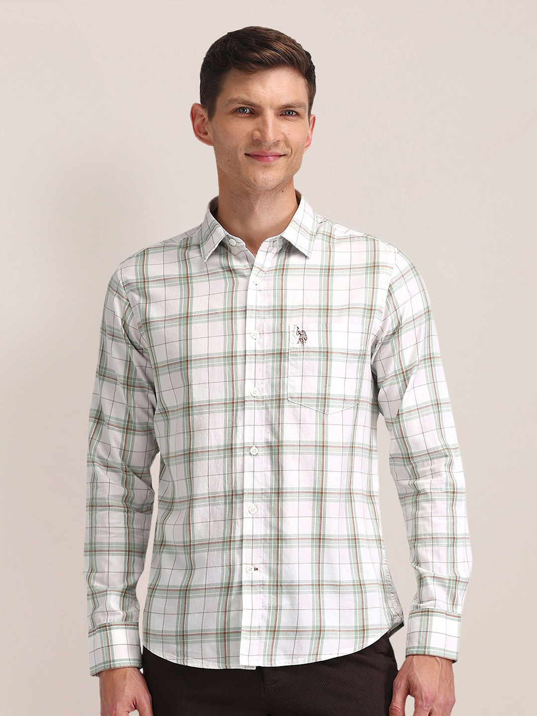 

U.S. Polo Assn. Men Classic Cutaway Collar Tartan Checked Cotton Formal Shirt, White