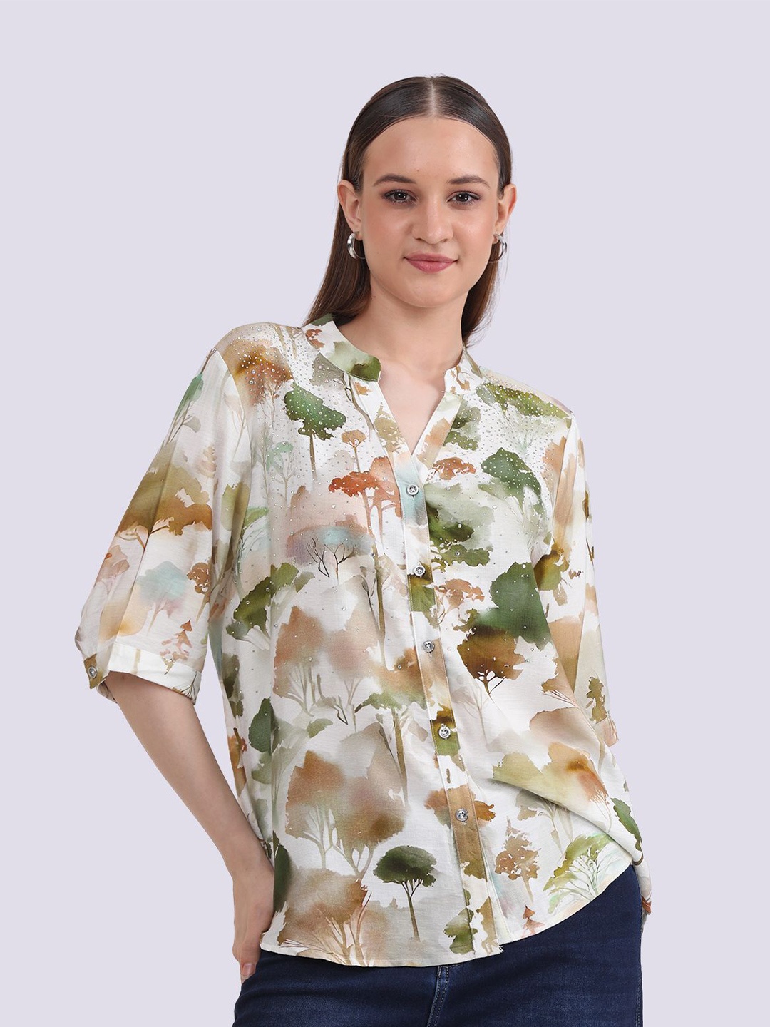

Albion By CnM Women Abstract Printed Mandarin Collar Top, Green