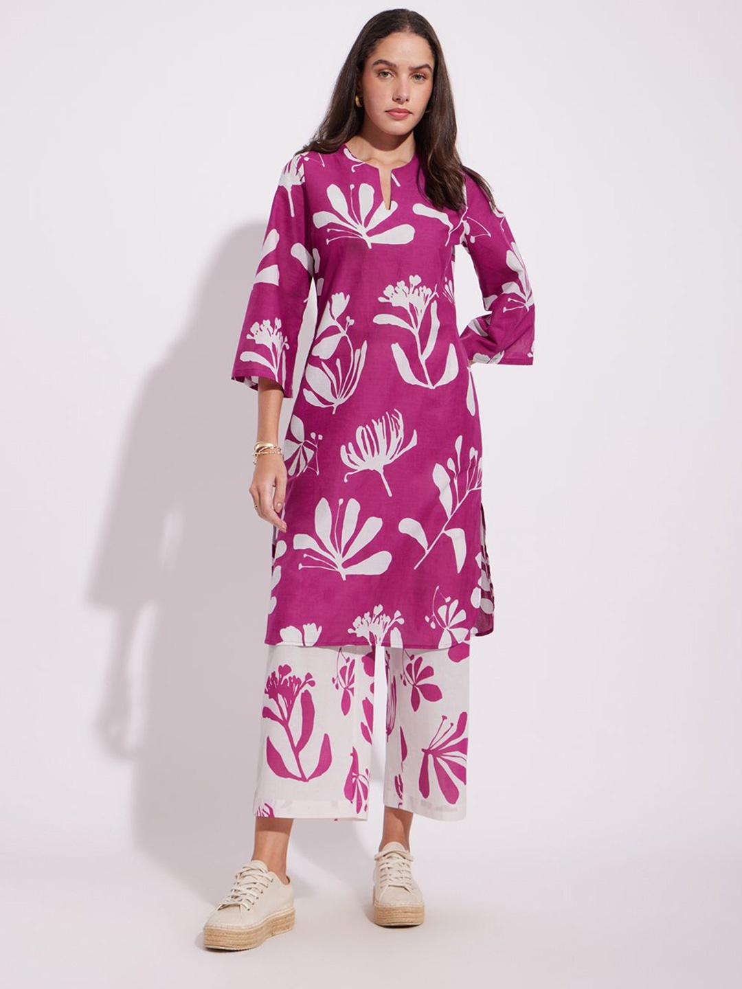 

Pink Fort Floral Printed Pure Cotton A-Line Kurta With Trousers