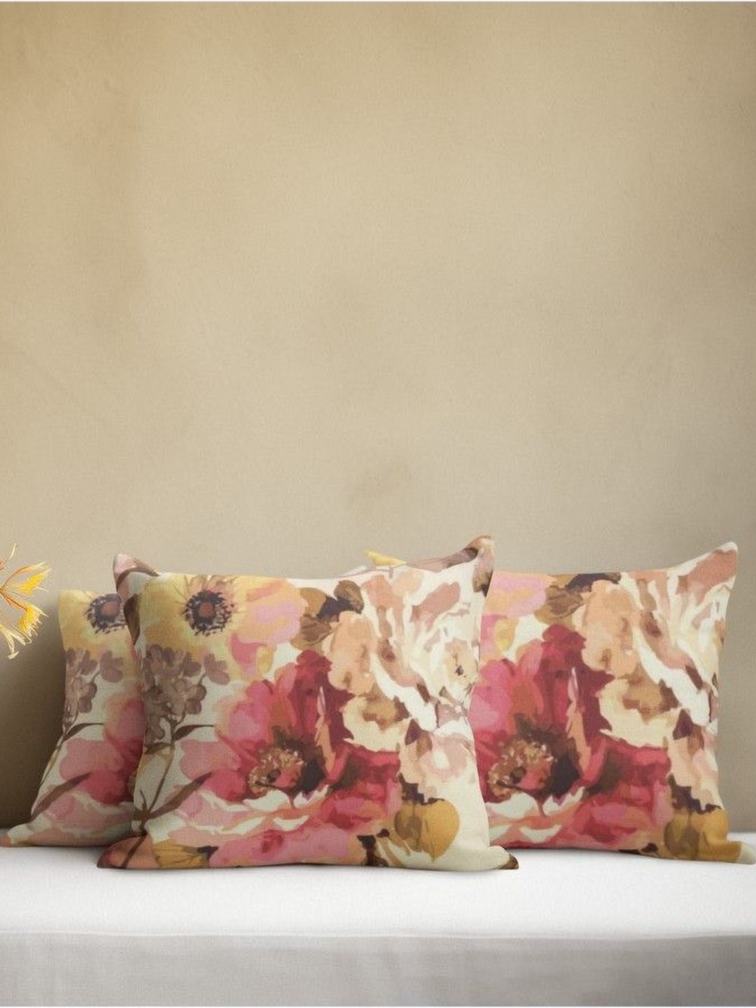 

THEYAYACAFE Off White & Pink 3 Pieces Floral Printed Velvet Square Cushion Covers