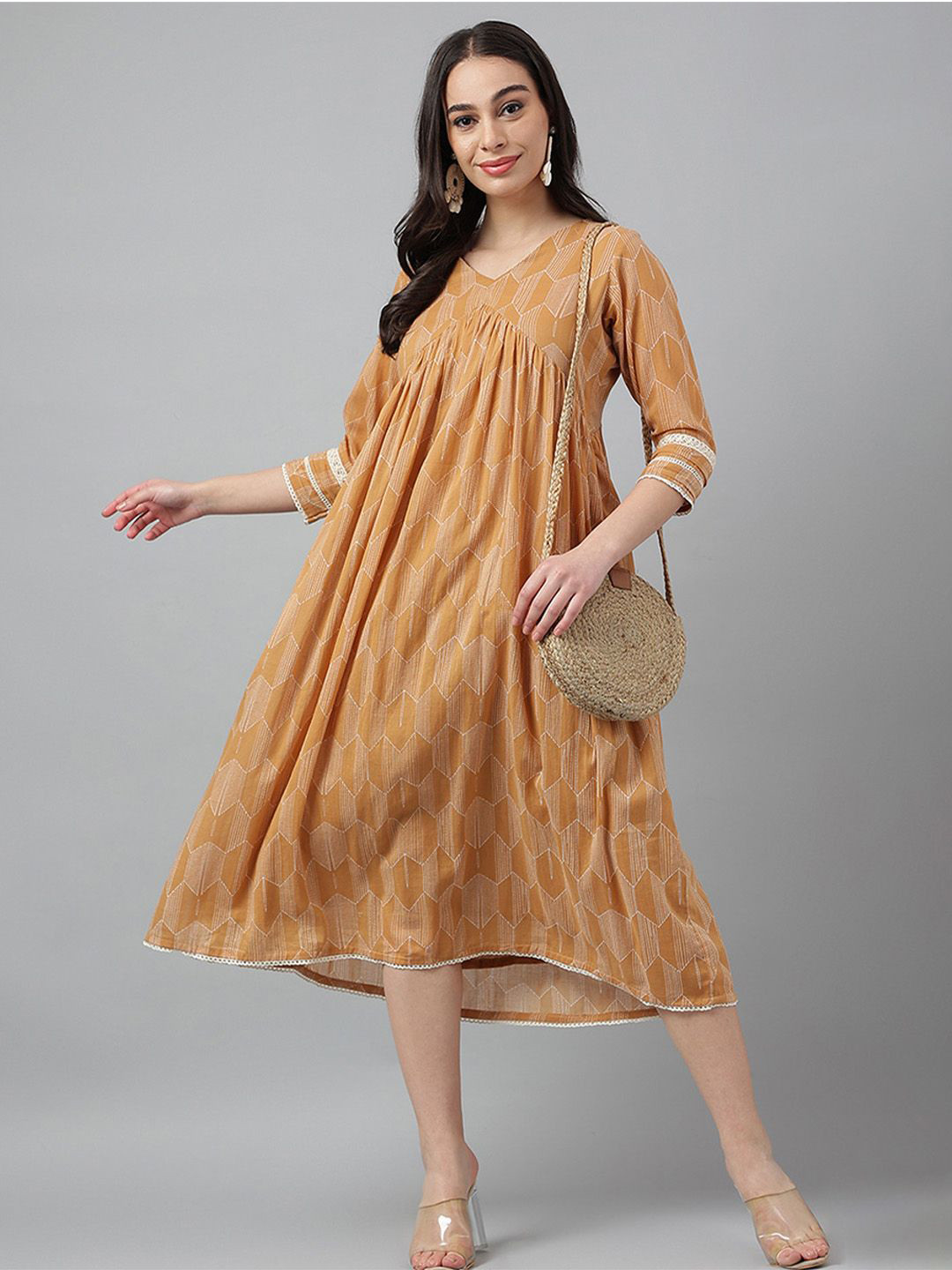 

ARAVALII Women Printed Empire A-Line Midi Dress, Brown