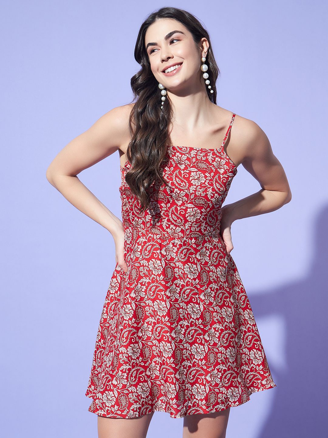 

Trend Arrest Floral Print Crepe Fit & Flare Mini Dress, Red