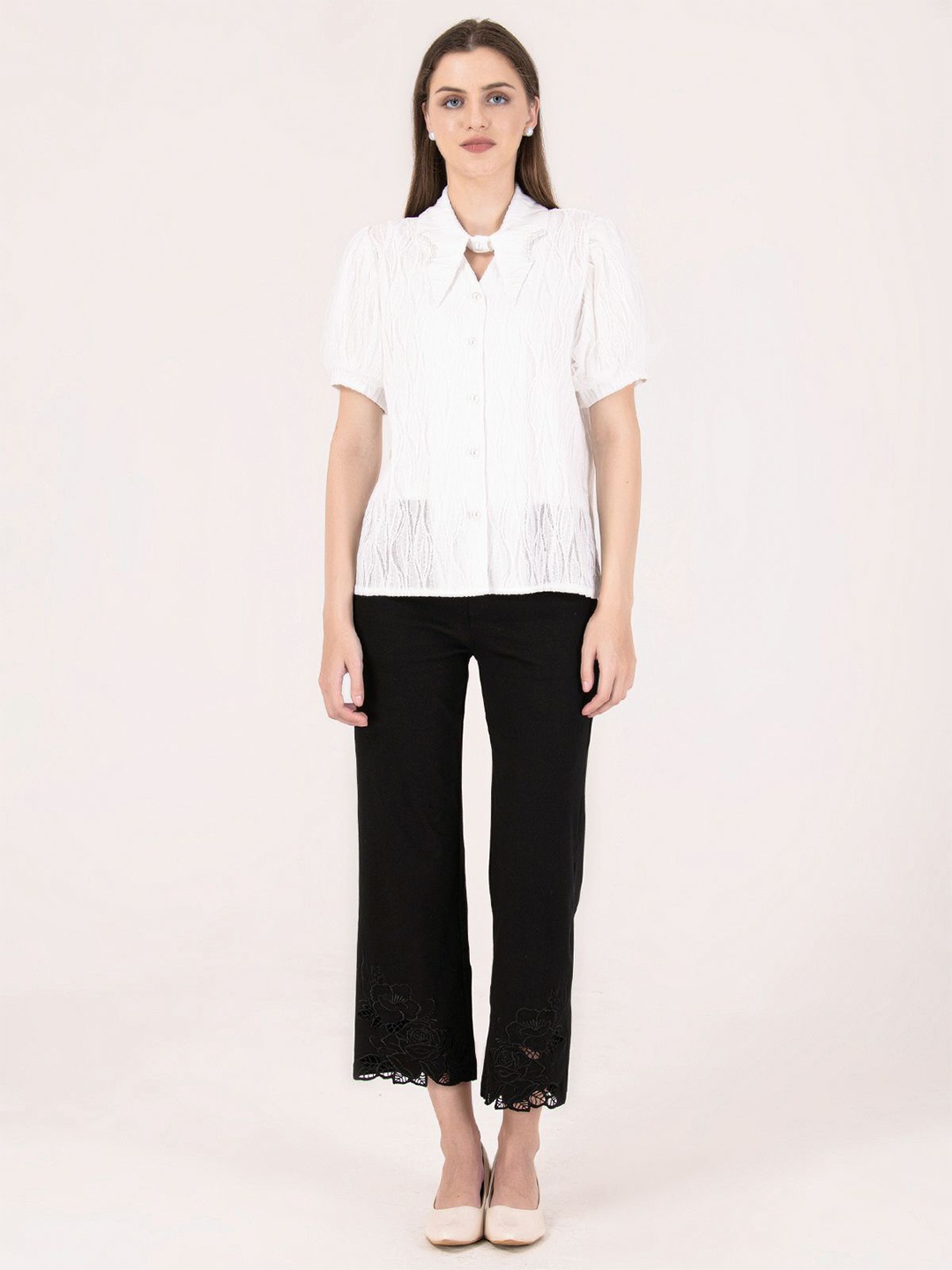 

Albion By CnM Women Self Design Shirt Collar Cotton Top, White