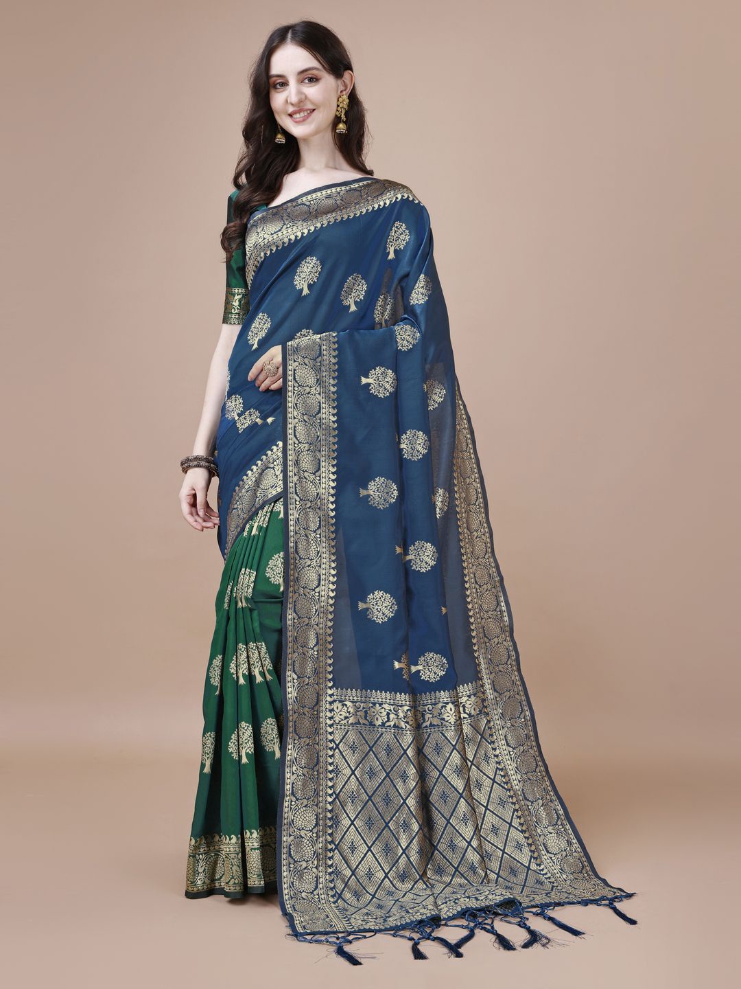 

DIVASTRI Woven Design Zari Silk Blend Half and Half Banarasi Saree, Turquoise blue