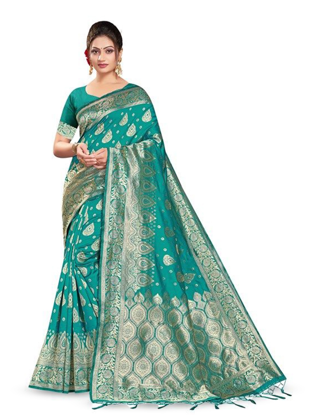 

DIVASTRI Woven Design Zari Silk Blend Banarasi Saree, Sea green