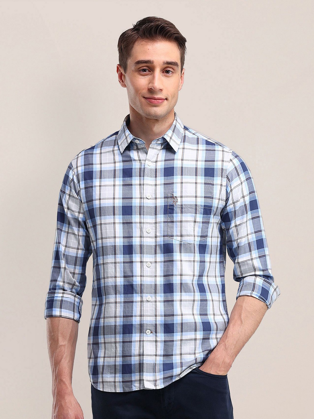 

U.S. Polo Assn. Men Classic Cutaway Collar Tartan Checked Cotton Formal Shirt, Blue