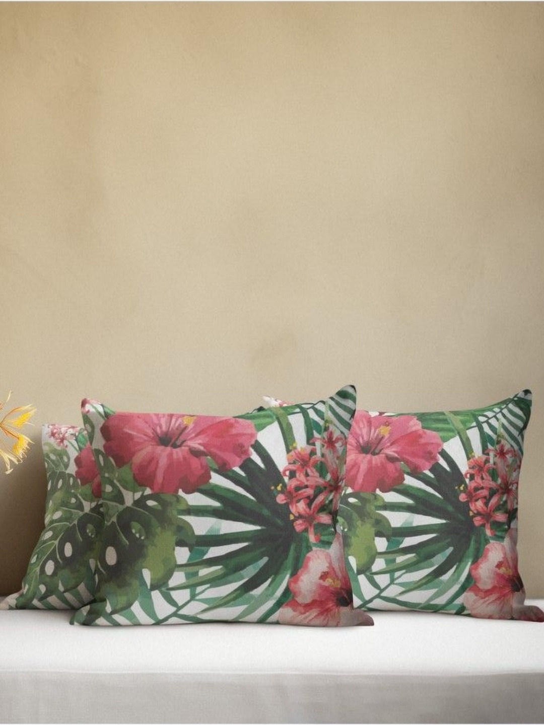 

THEYAYACAFE White & Green 3 Pieces Floral Velvet Square Cushion Covers
