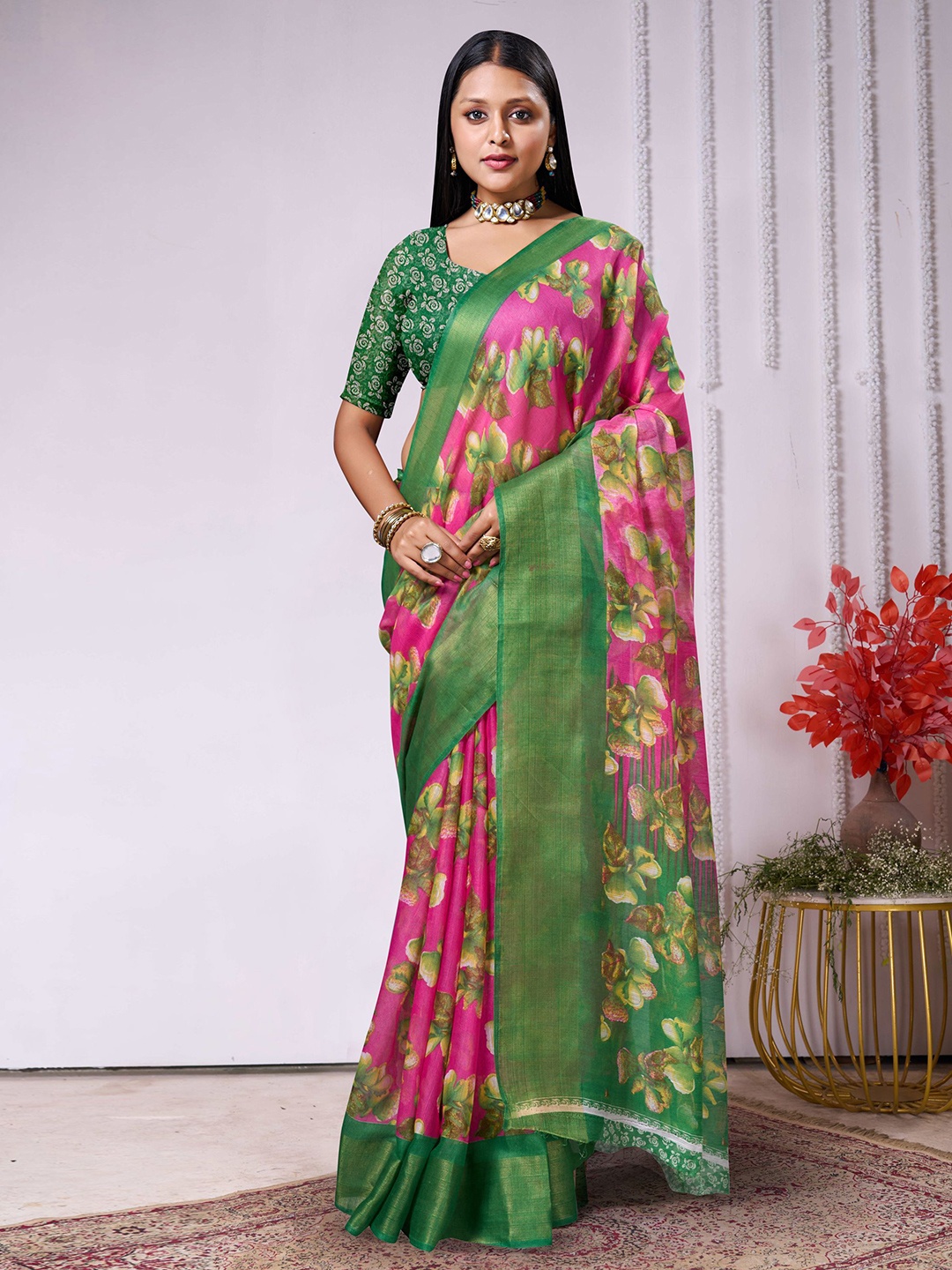 

KALINI Floral Pure Cotton Ikat Saree, Pink