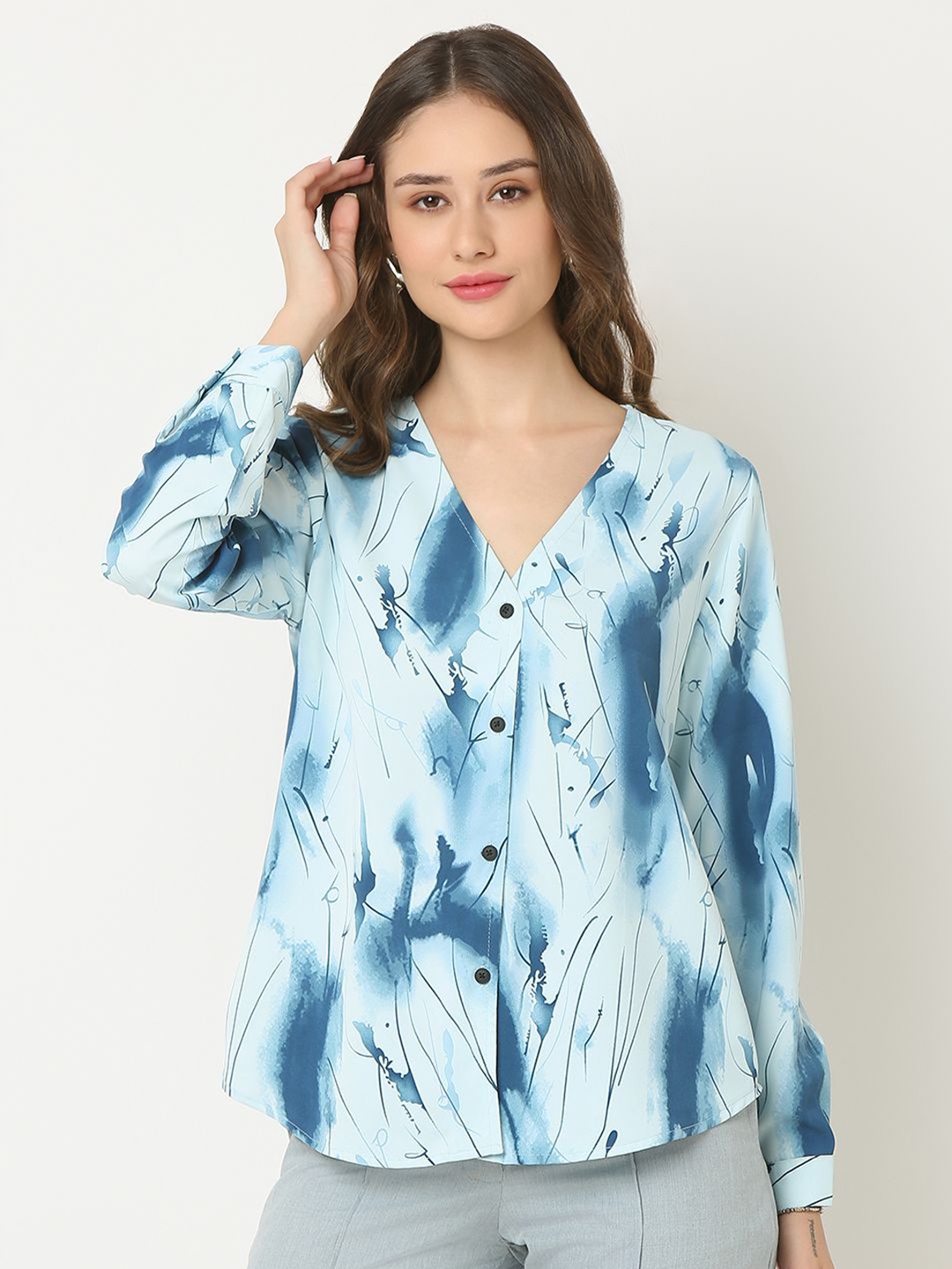 

NOT SO PINK Women New Collarless Floral Printed Casual Shirt, Blue