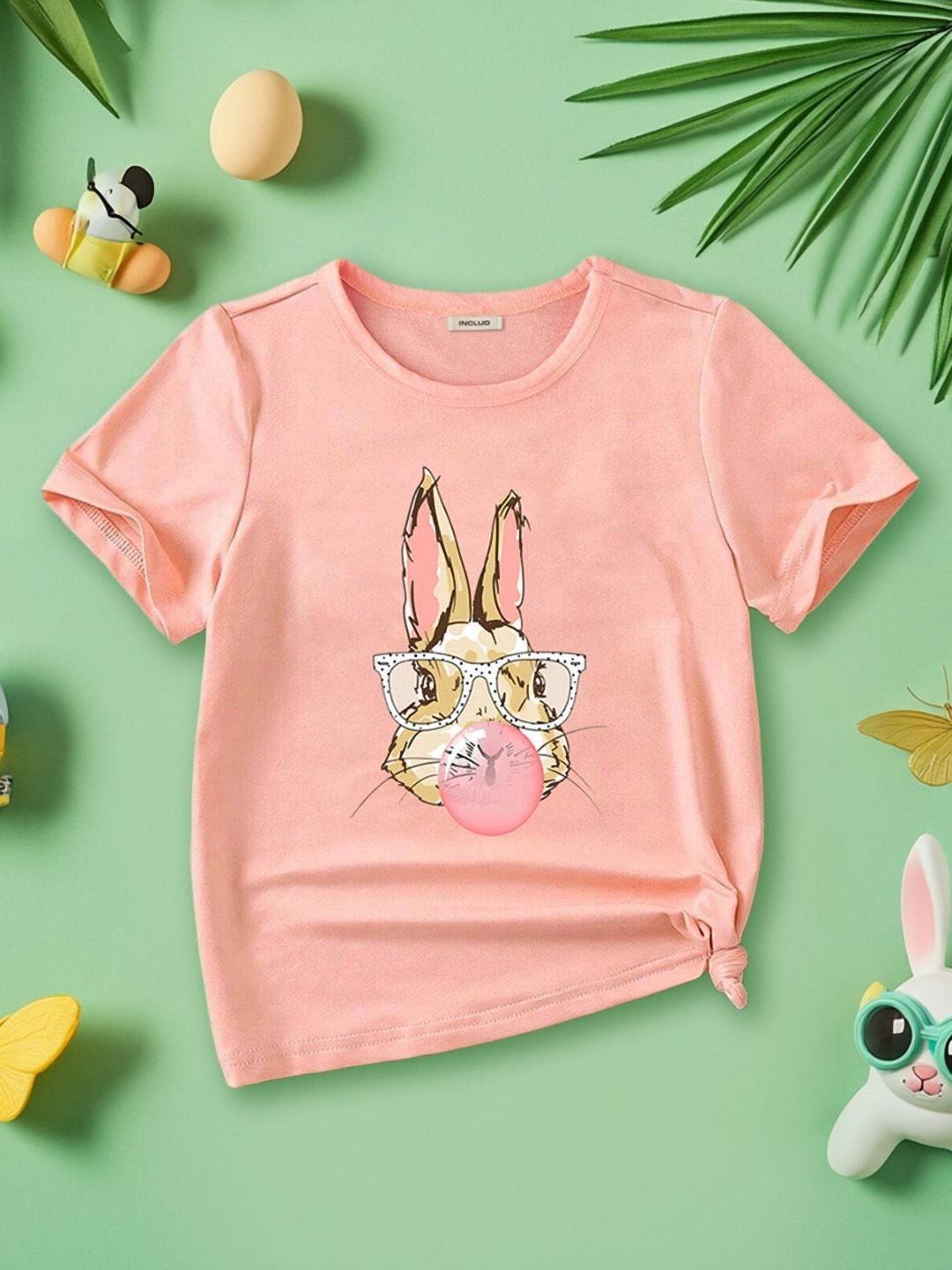 

INCLUD Girls Graphic Printed Round Neck Cotton T-shirt, Peach