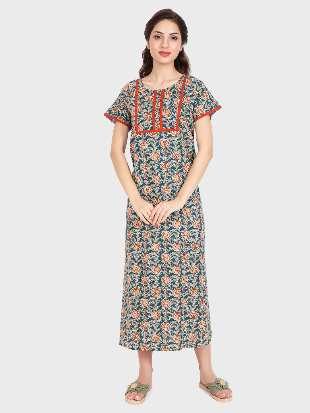 

evolove Floral Printed Pure Cotton Midi Nightdress, Beige