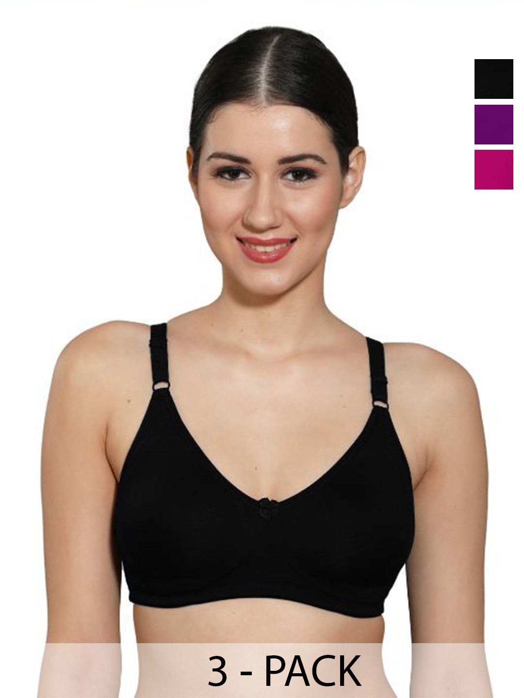 

INGRID Women Everyday Non Padded Adjustable Straps Cotton Tshirt Style Bras, Black