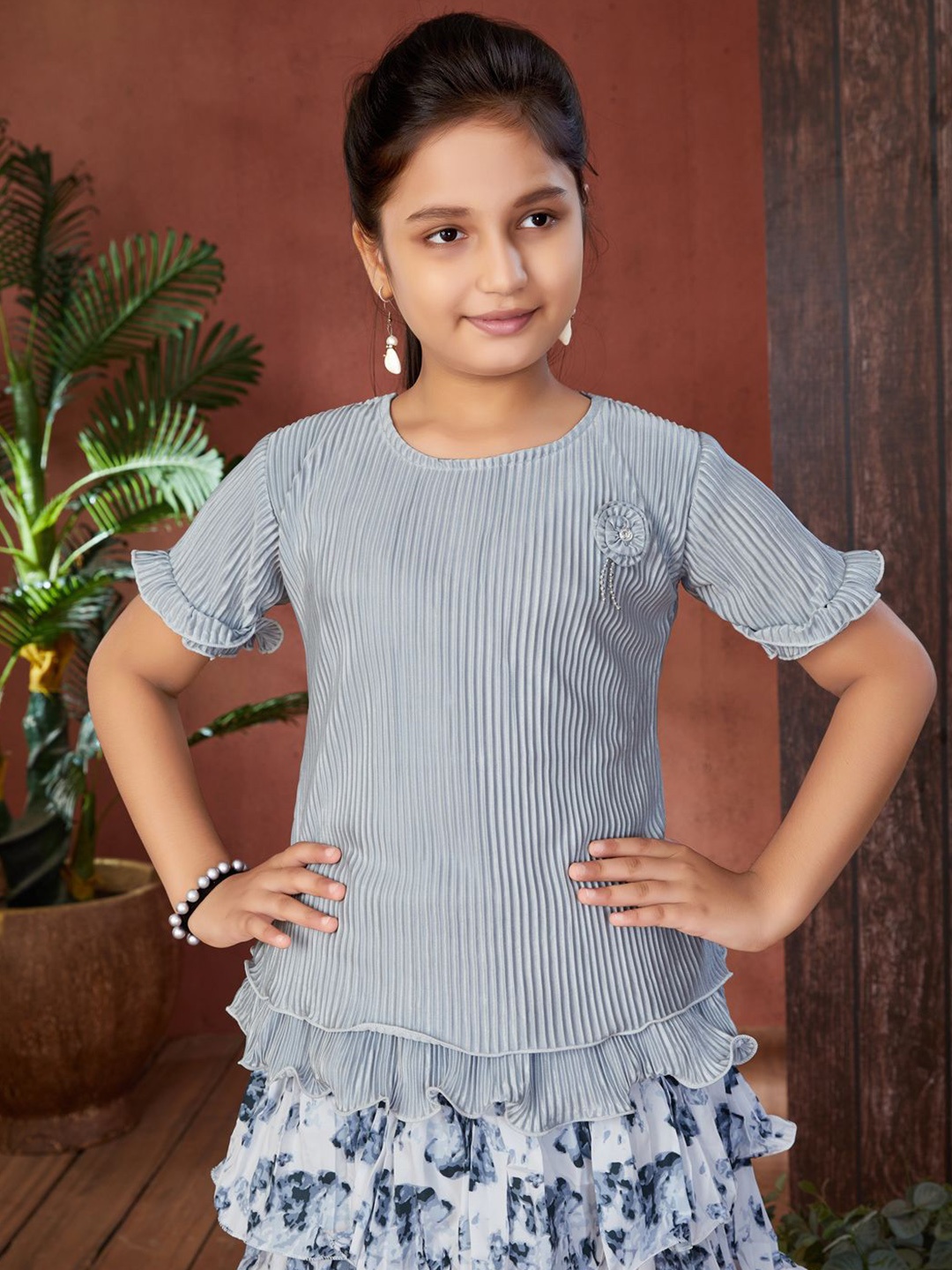 

BAESD Girls Striped Round Neck Top with Skirt, Grey