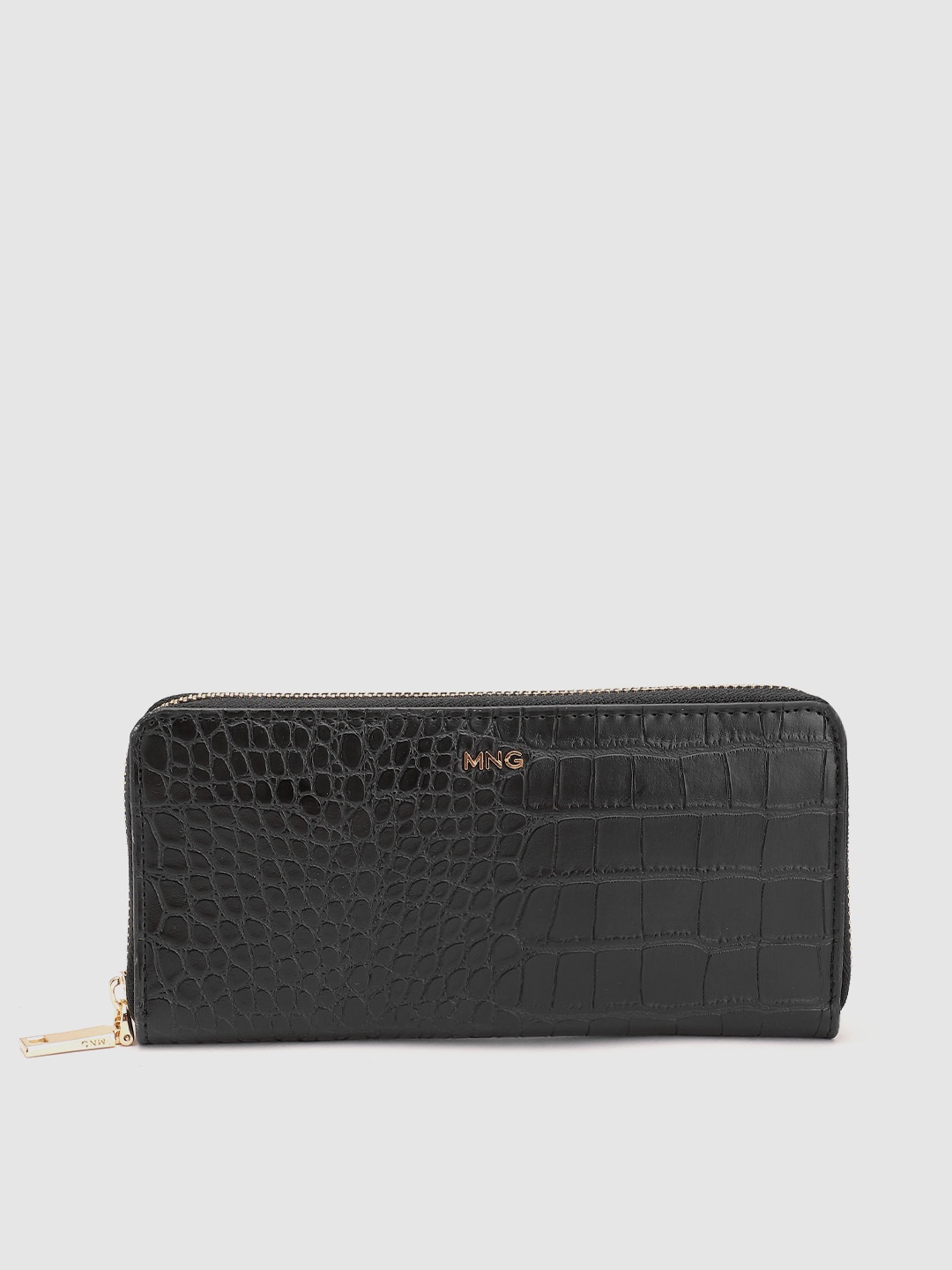 

MANGO Women Croc Textured Zip Around Wallet, Black