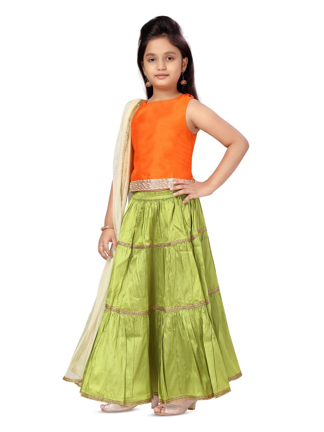 

BAESD Girls Sleeveless Ready to Wear Lehenga & Blouse With Dupatta, Orange