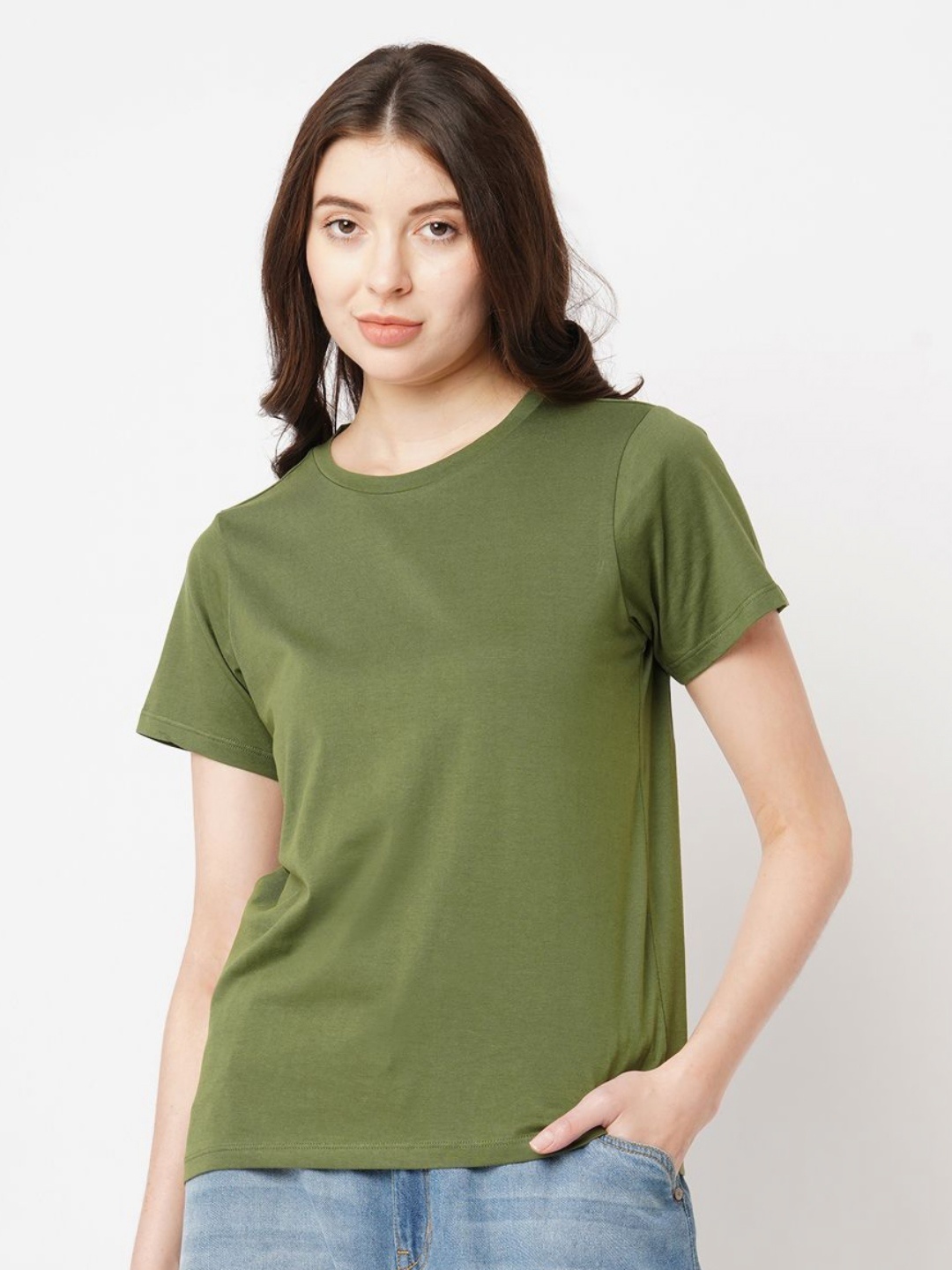 

GUTI Women Solid Round Neck Cotton T-shirt, Green