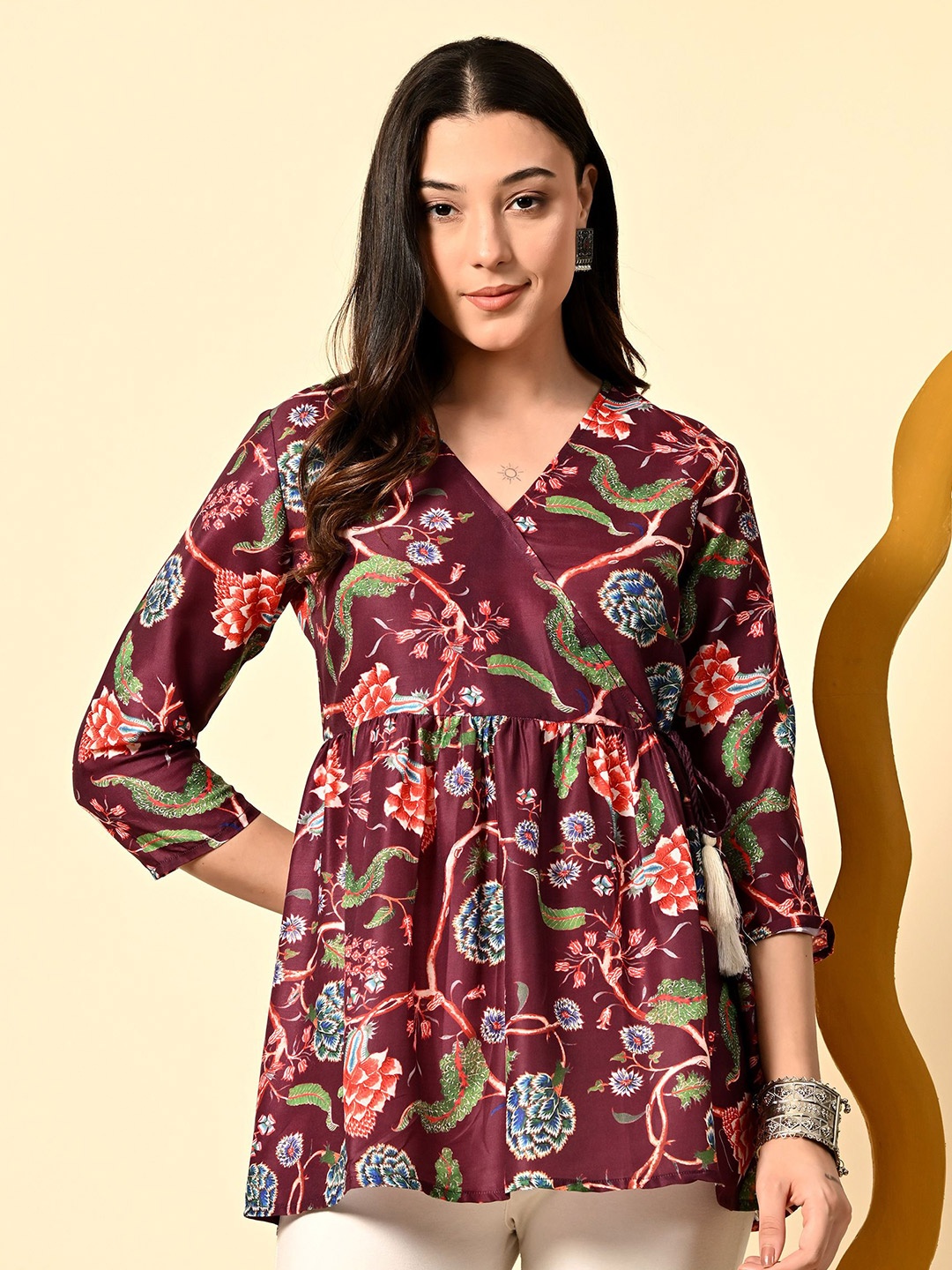 

aaivan V-Neck Floral Printed Tunic, Maroon