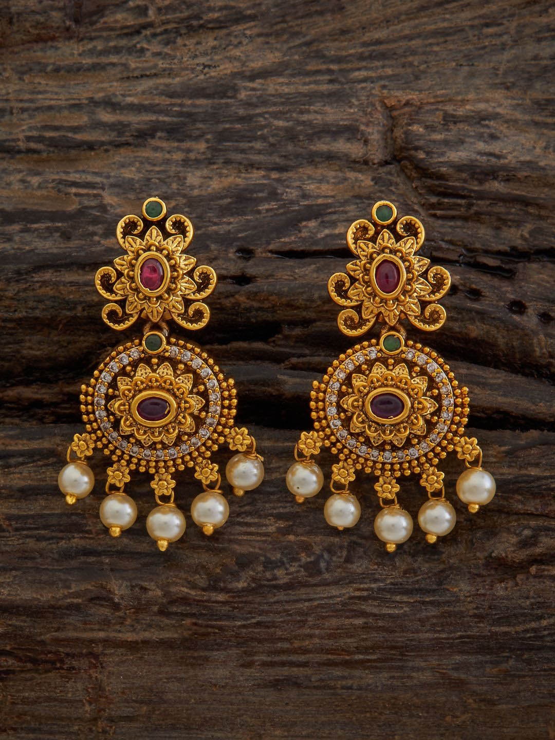 

Kushal's Fashion Jewellery Gold-Plated Stone Studded & Beads Oval Antique Drop Earrings, Red