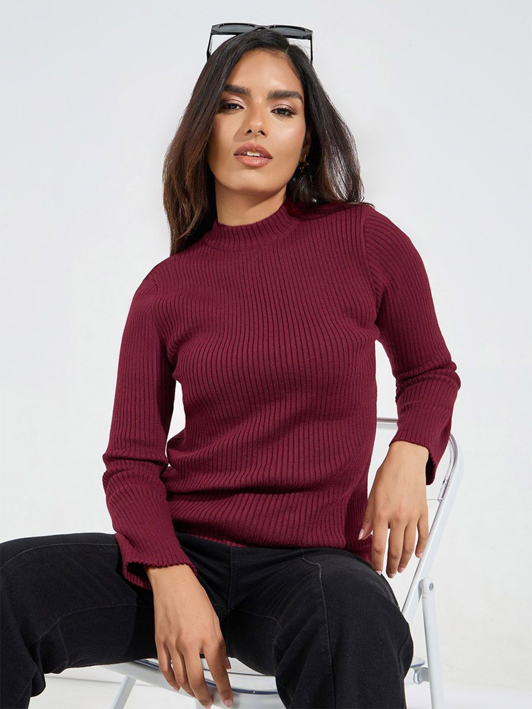 

RVK Women Ribbed Fitted Regular Length High Neck Sweater, Red
