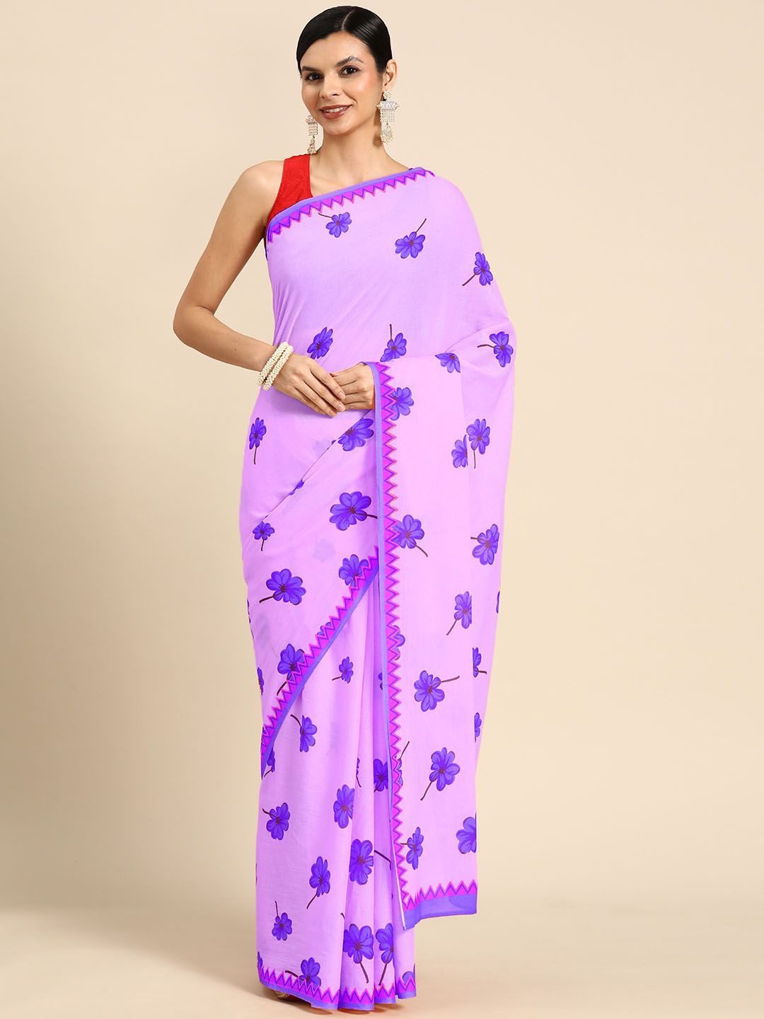 

BUTA BUTI Floral Pure Cotton Saree, Purple