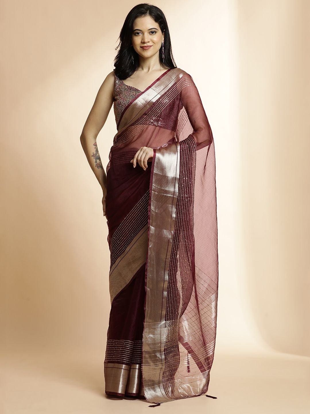 

Jaipur Kurti Striped Sequinned Saree, Purple