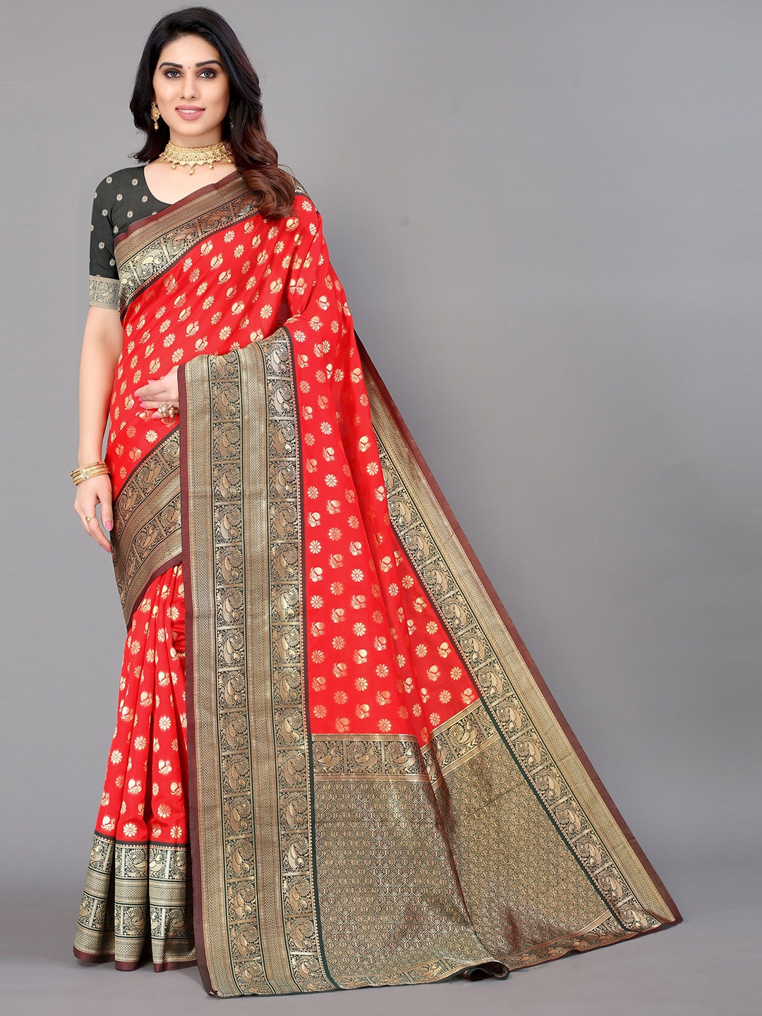 

VIRICA Floral Woven Design Banarasi Saree, Red