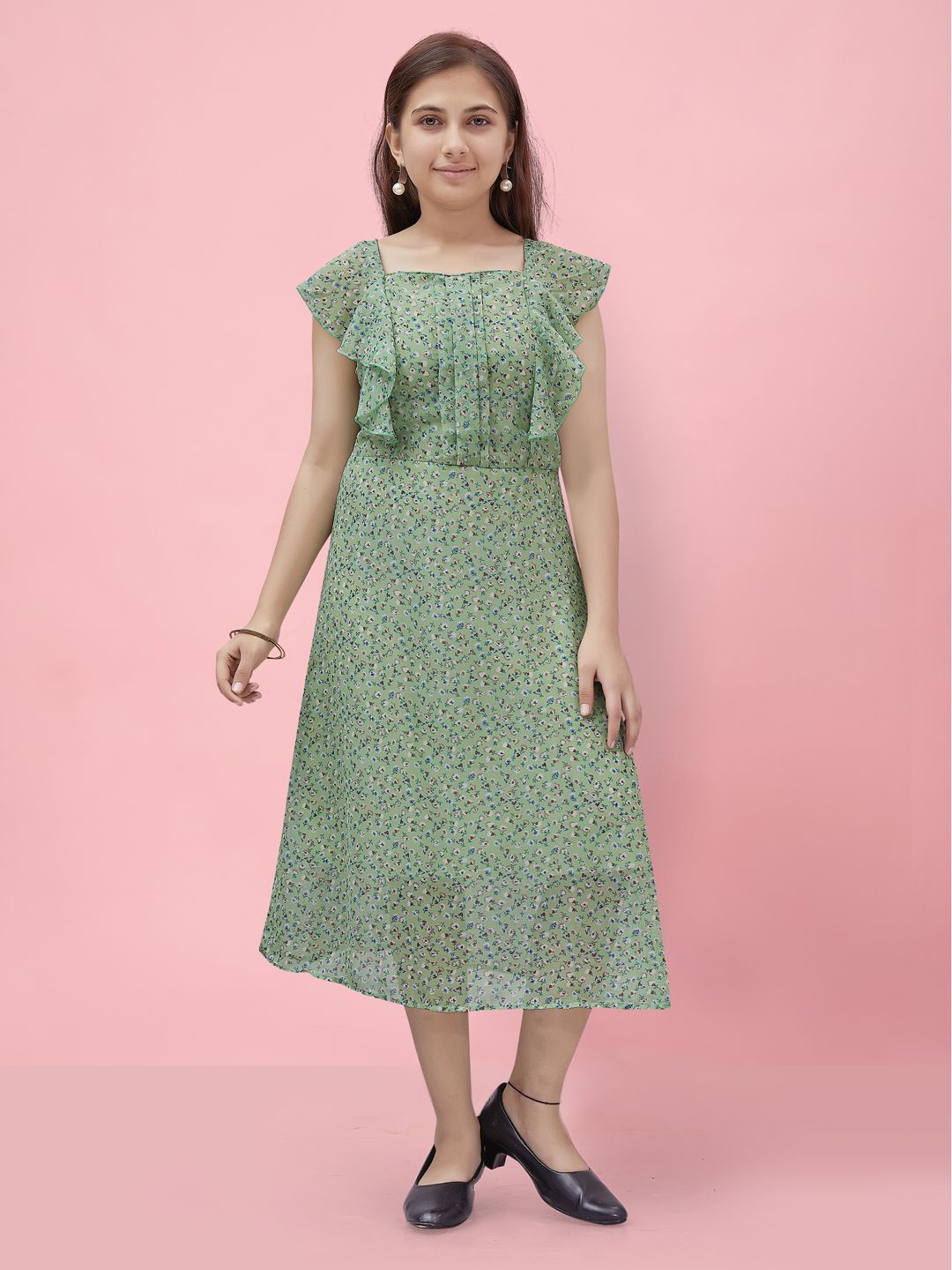 

BAESD Floral Print Flutter Sleeve Georgette Fit & Flare Midi Dress, Green