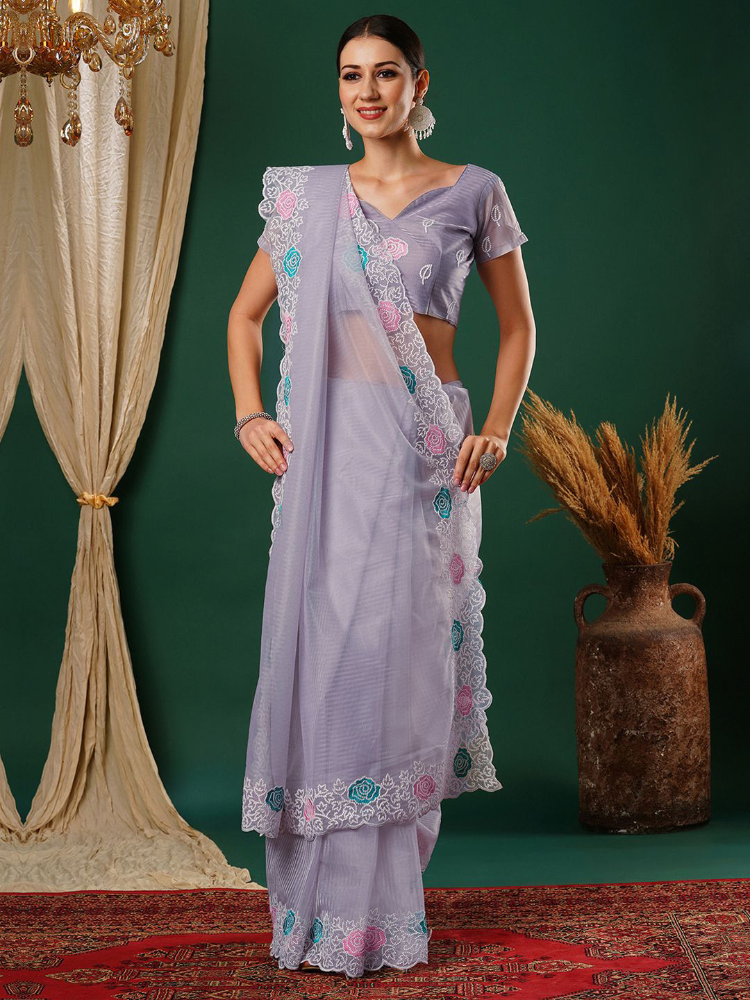 

Satrani Floral Embroidered Net Saree, Purple