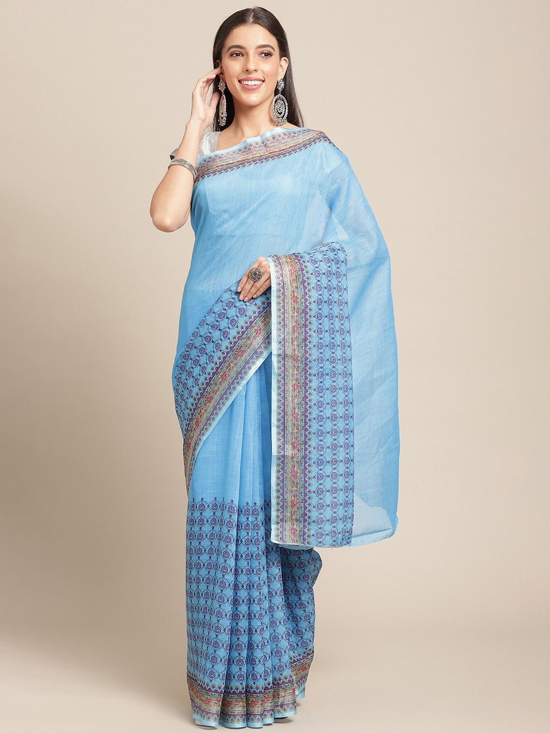 

Anouk Ethnic Motifs Zari Linen Blend Saree, Blue