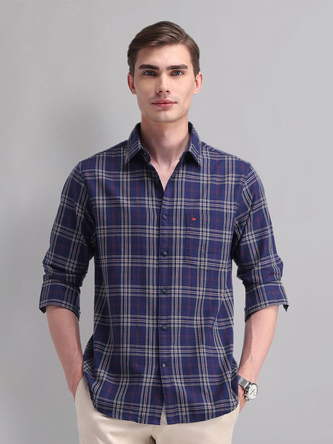 

AD By Arvind Men Spread Collar Tartan Checked Cotton Slim Fit Casual Shirt, Blue