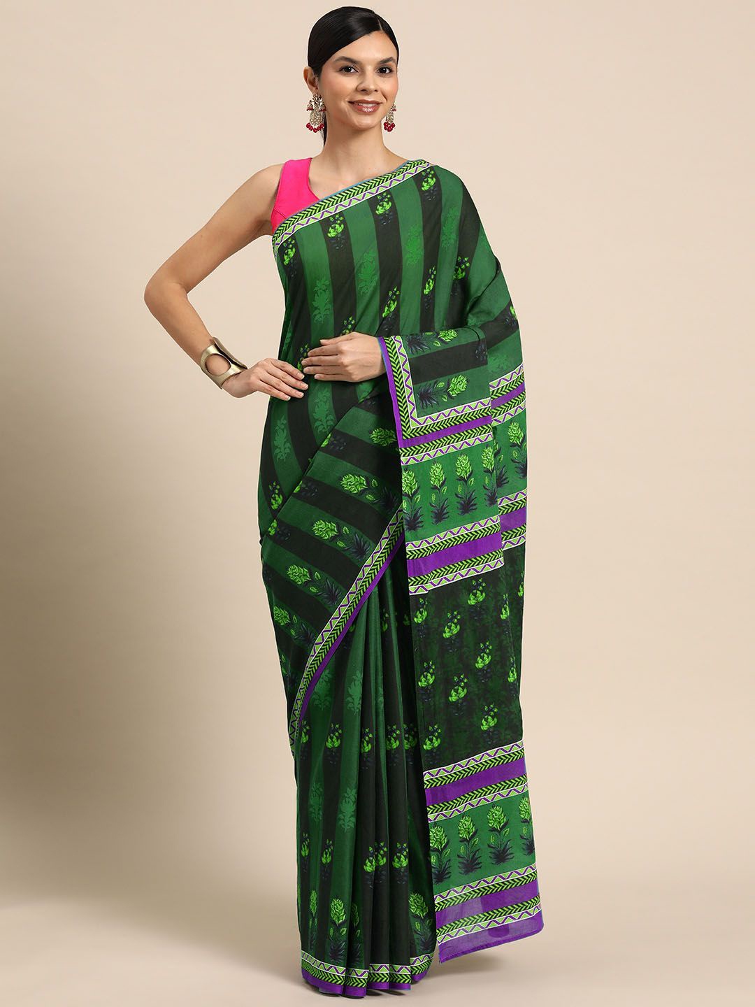 

BUTA BUTI Floral Pure Cotton Saree, Green