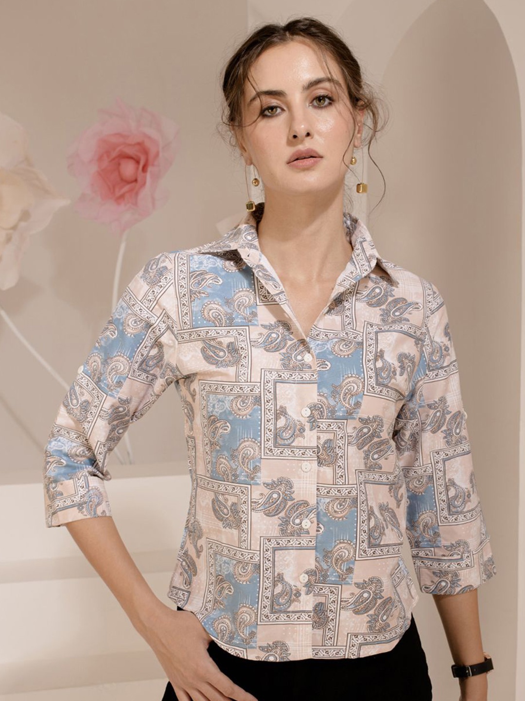 

TANDUL Women Standard Spread Collar Floral Printed Polycotton Casual Shirt, Cream