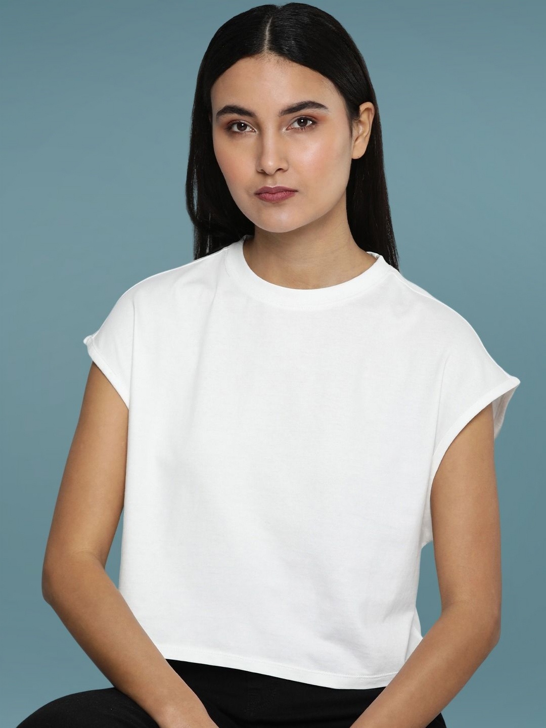

DressBerry Women Solid Round Neck Cotton Boxy T-shirt, Off white