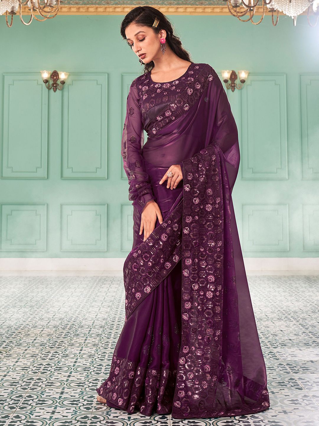 

Satrani Floral Beads and Stones Tissue Saree, Purple