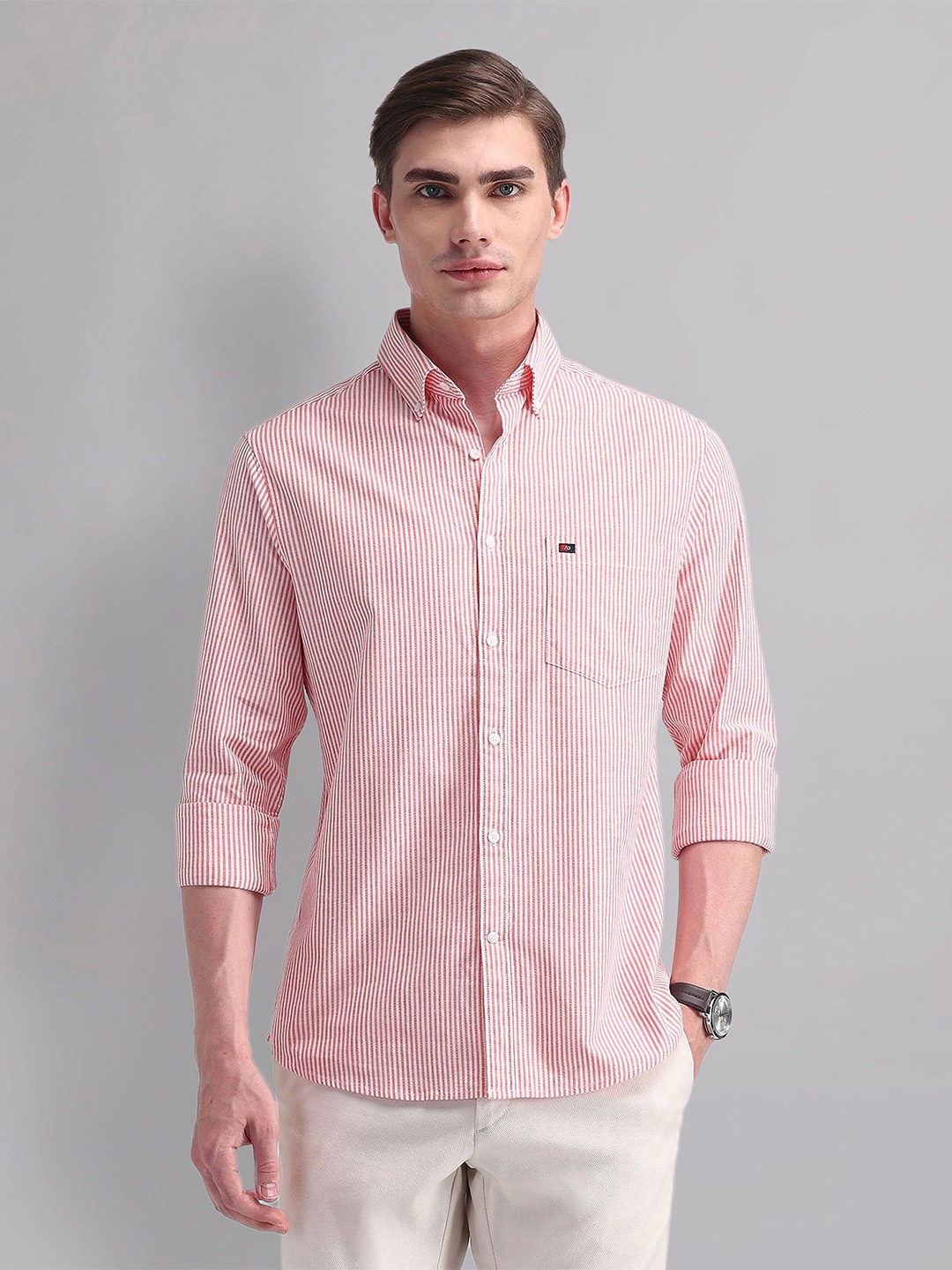 

AD By Arvind Men Button-Down Collar Solid Cotton Slim Fit Casual Shirt, Red