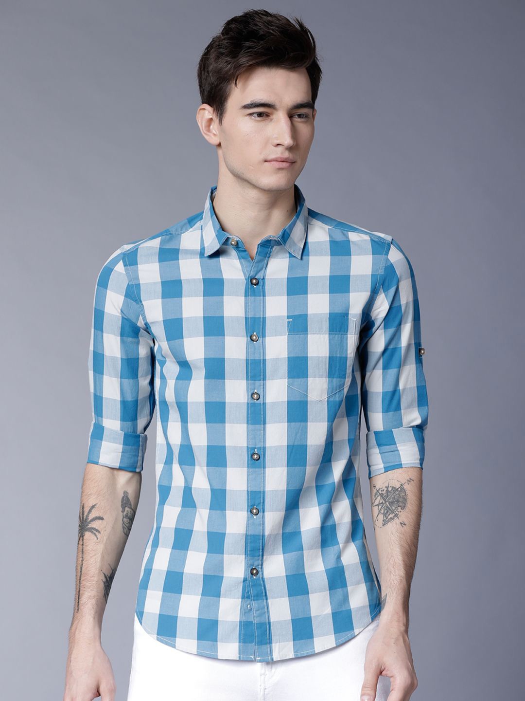 

HIGHLANDER Men Yarn Dyed Checked Slim Fit Shirt, Grey