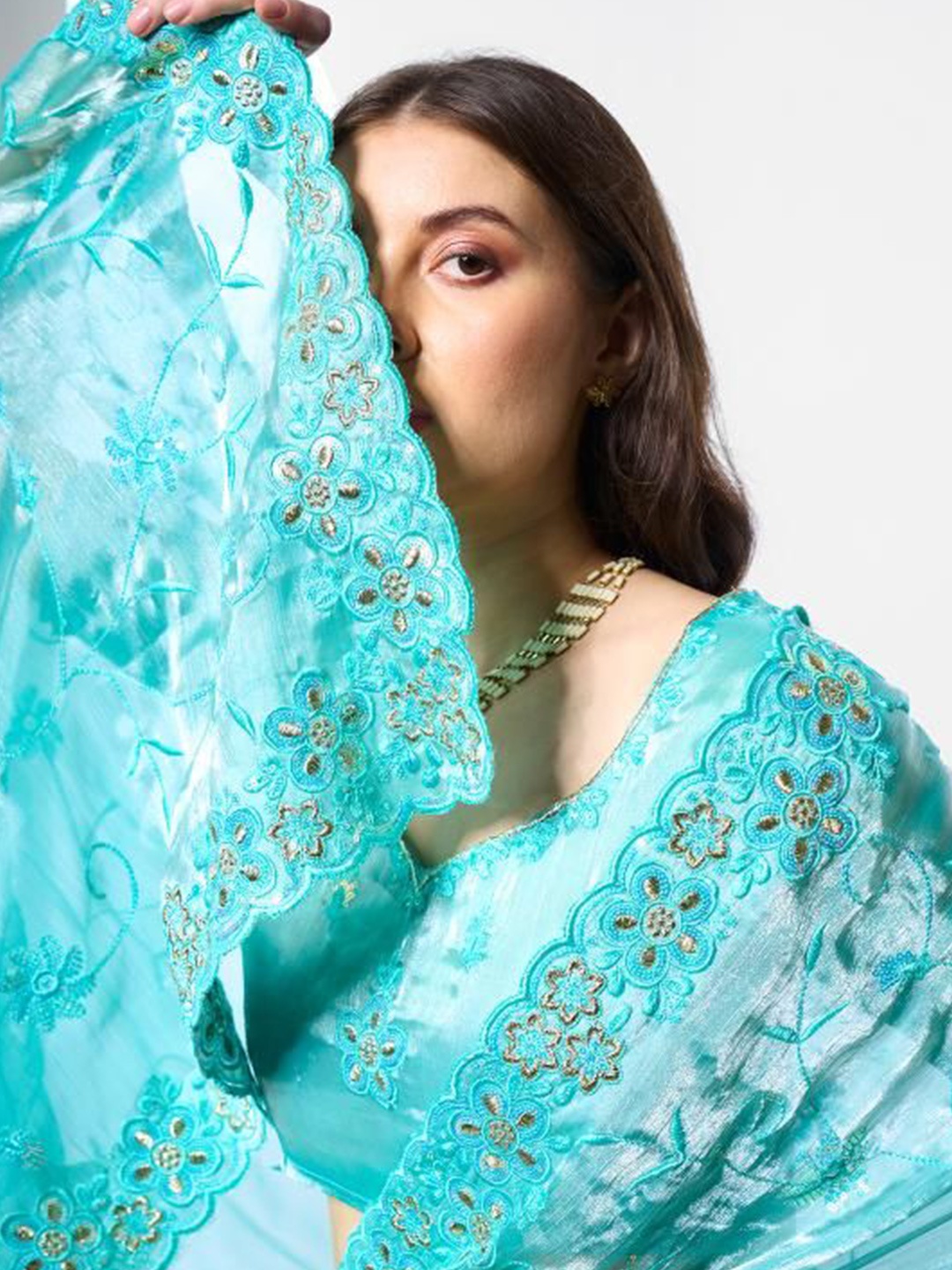 

Mitera Floral Embroidered Organza Saree, Turquoise blue