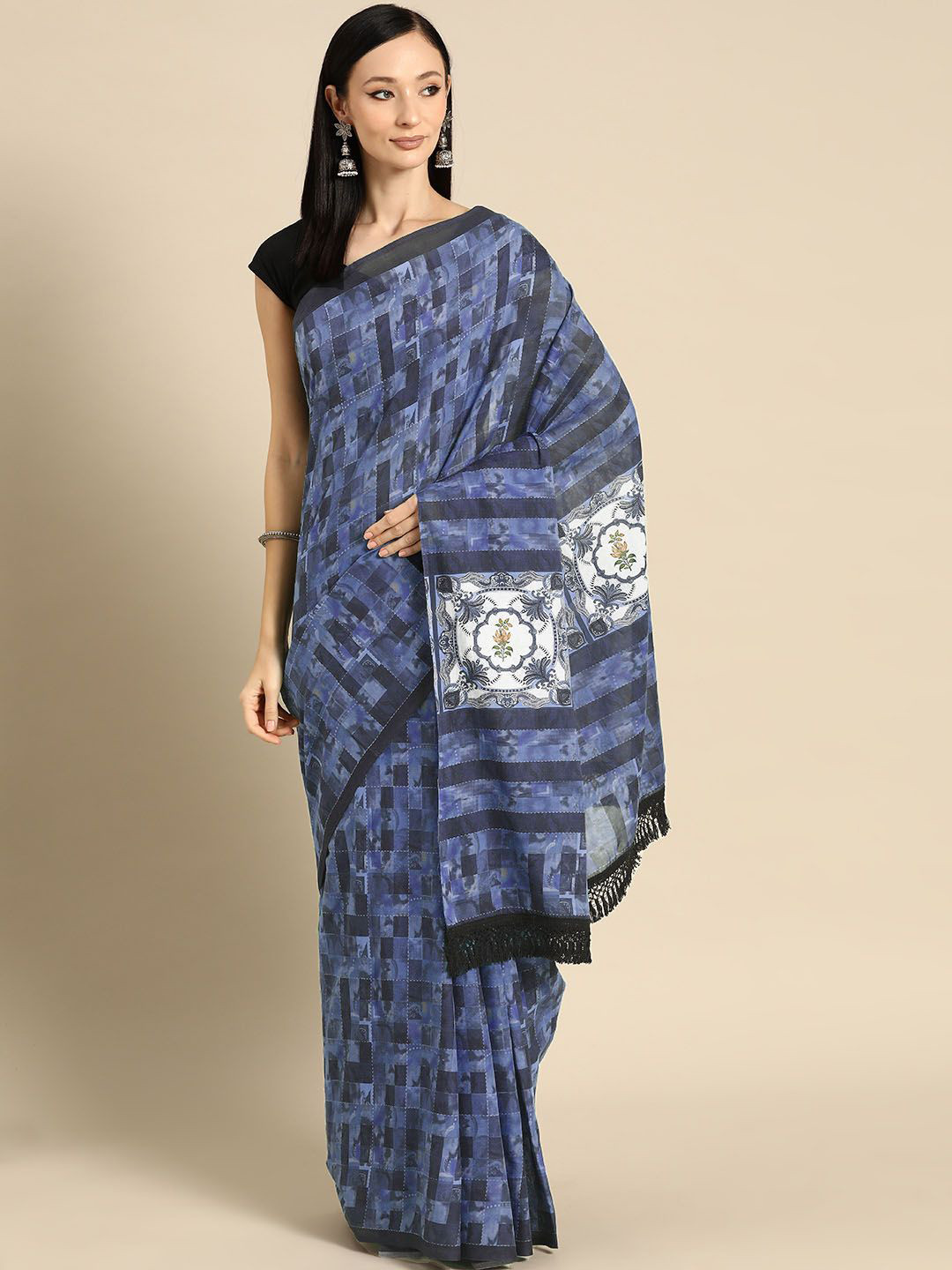 

BUTA BUTI Pure Cotton Saree, Navy blue