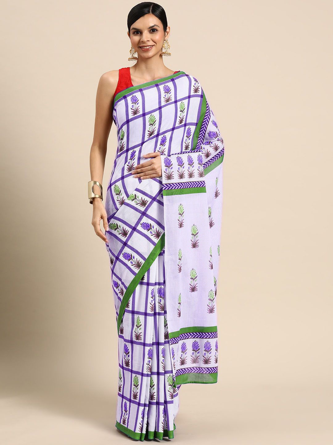 

BUTA BUTI Floral Pure Cotton Saree, Purple