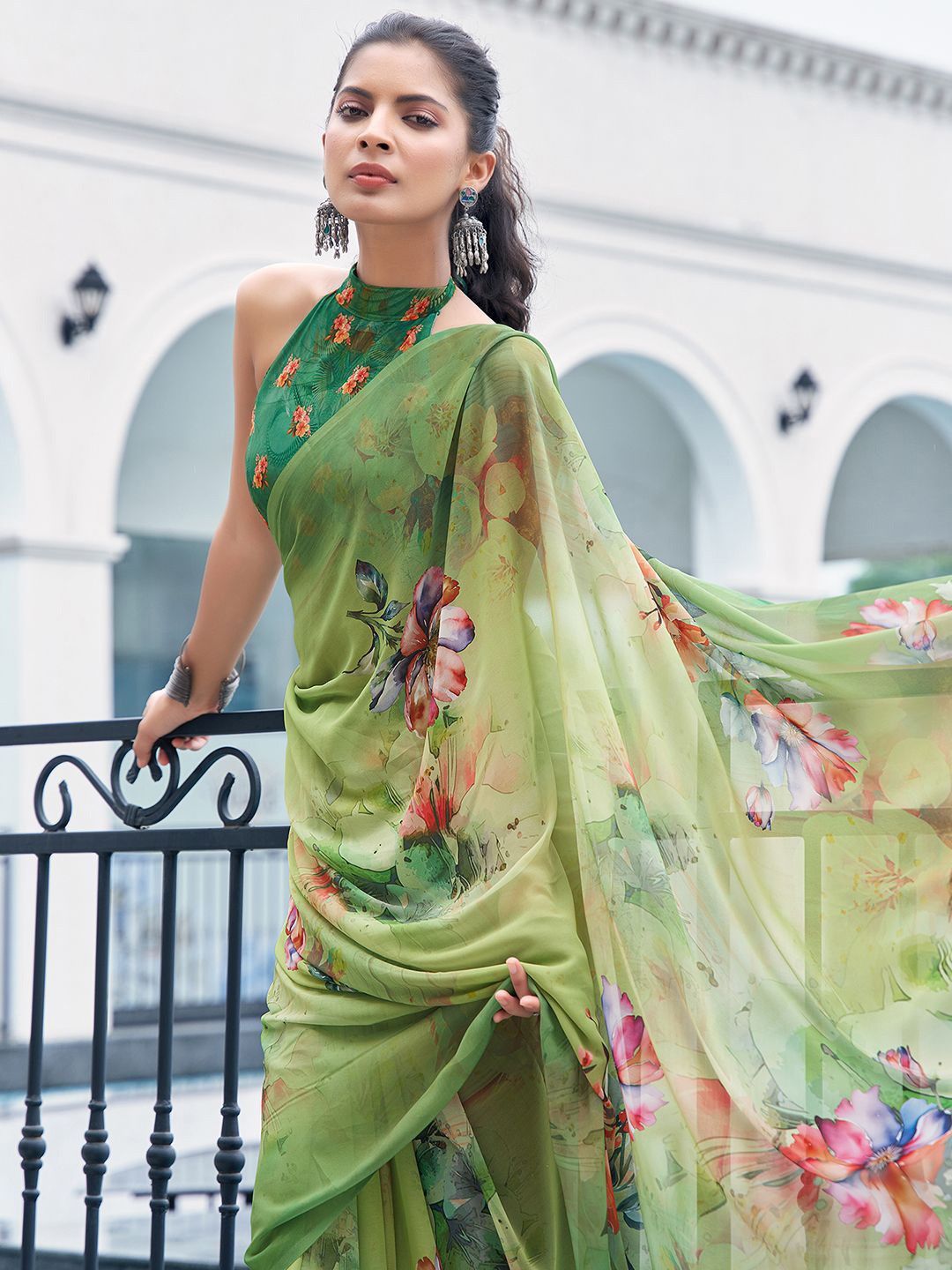 

Mitera Floral Pure Georgette Muga Saree, Green