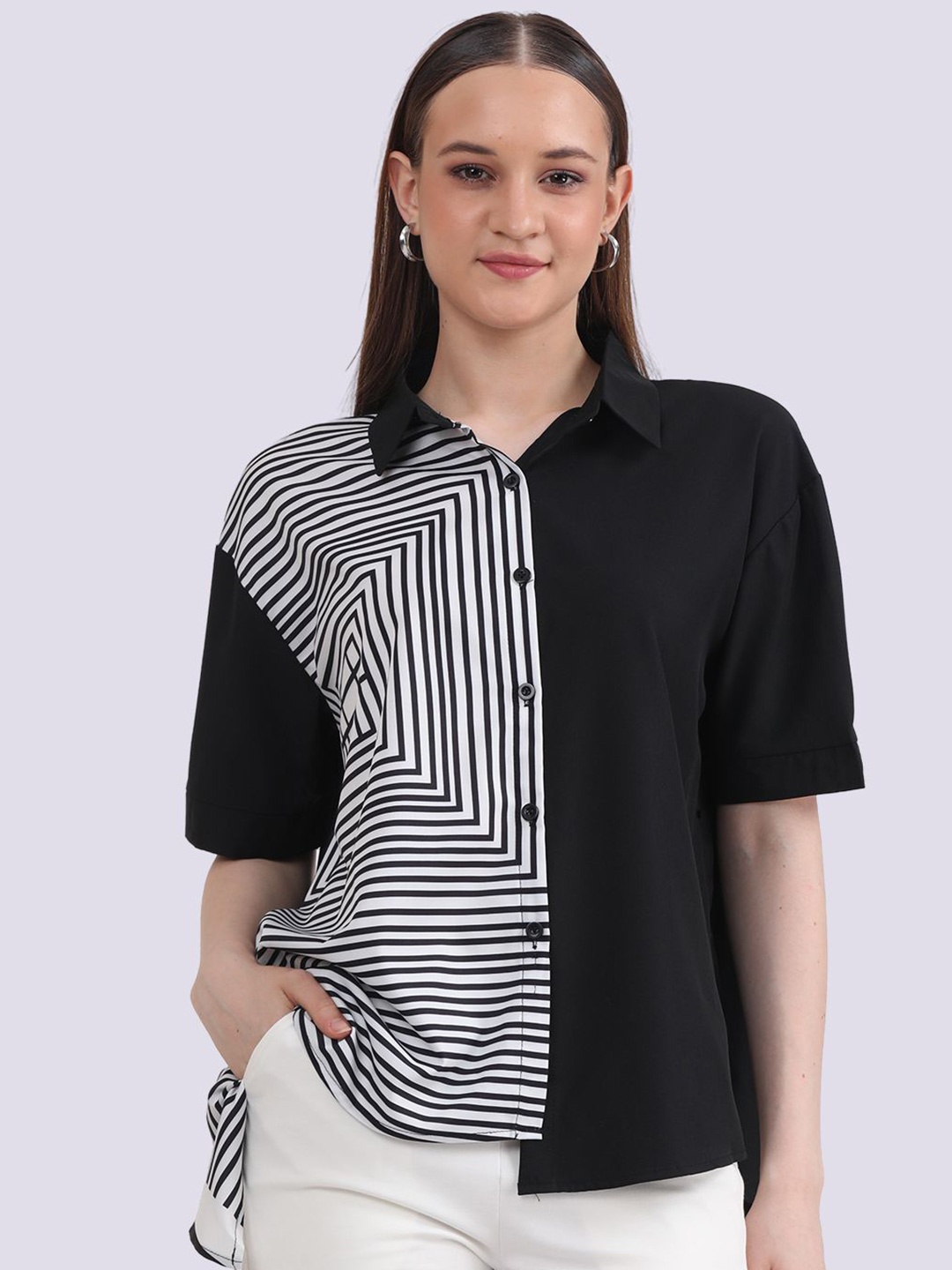 

Albion By CnM Women Vertical Striped Shirt Collar Top, Black