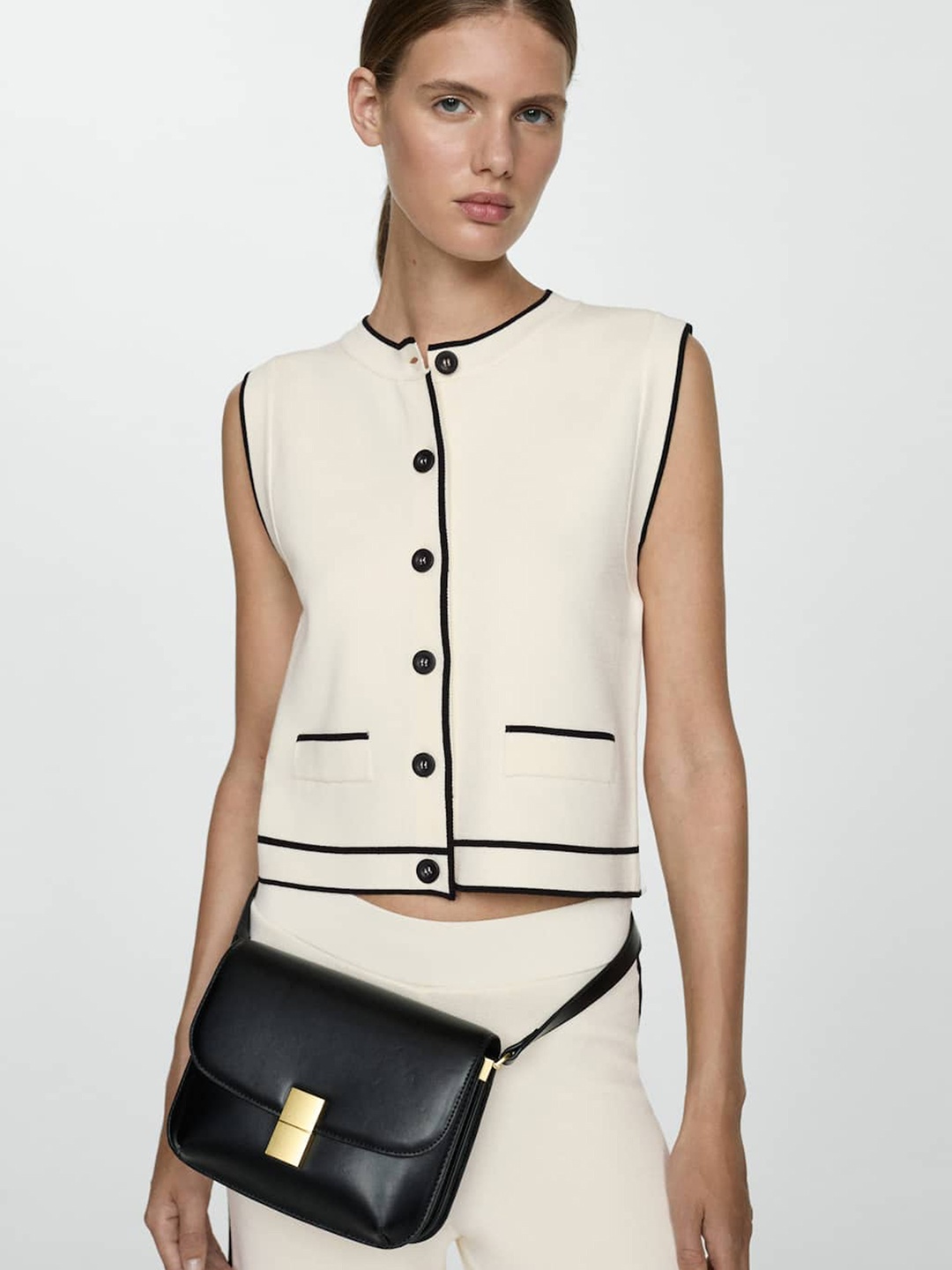 

MANGO Contrast Piping Mock Pocket Knitted Top, Off white