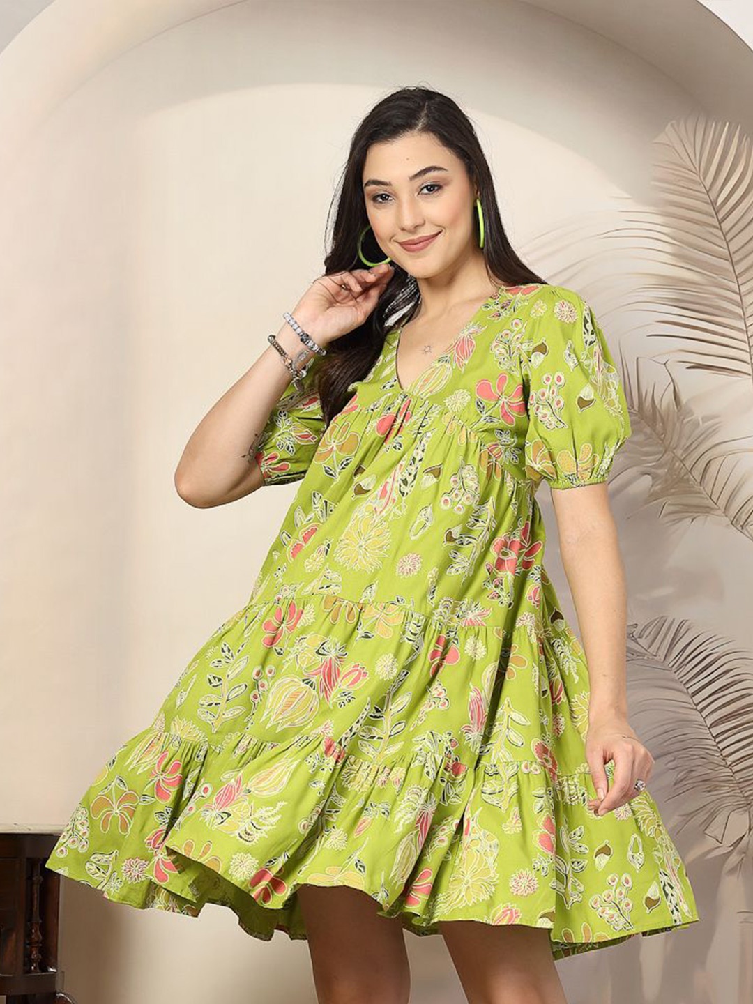 

Stylum Women's Floral Print Puff Sleeve Fit & Flare Dress, Green