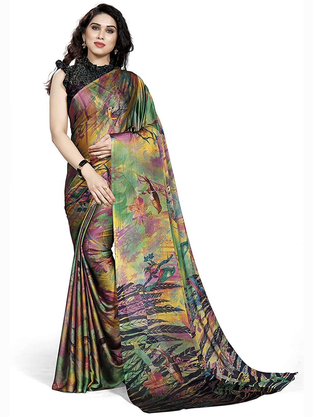 

VIRICA Abstract Printed Saree With Blouse Piece, Green