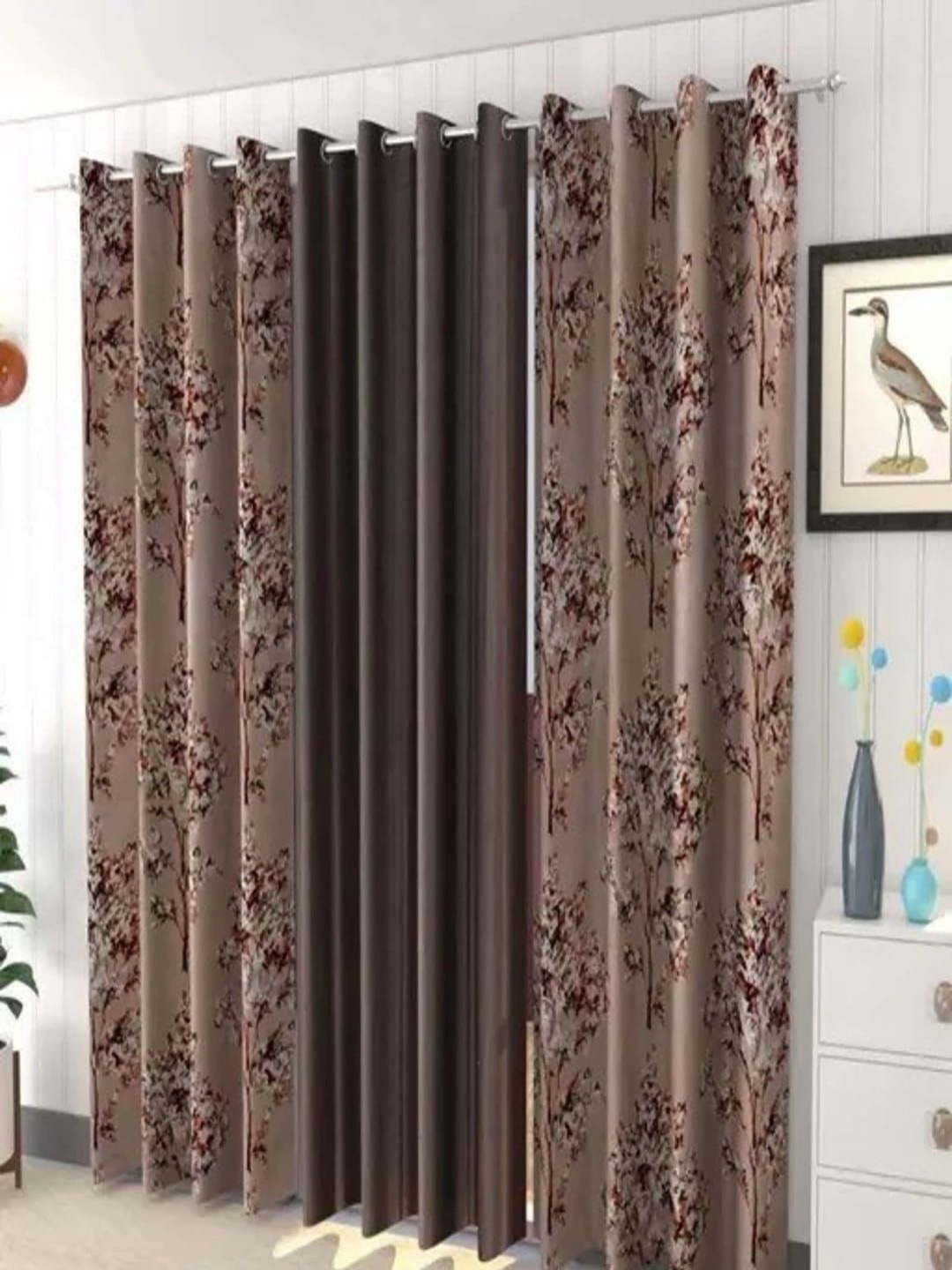 

AADI TRADERS Brown & Beige 3 Pieces Floral Printed Window Curtain