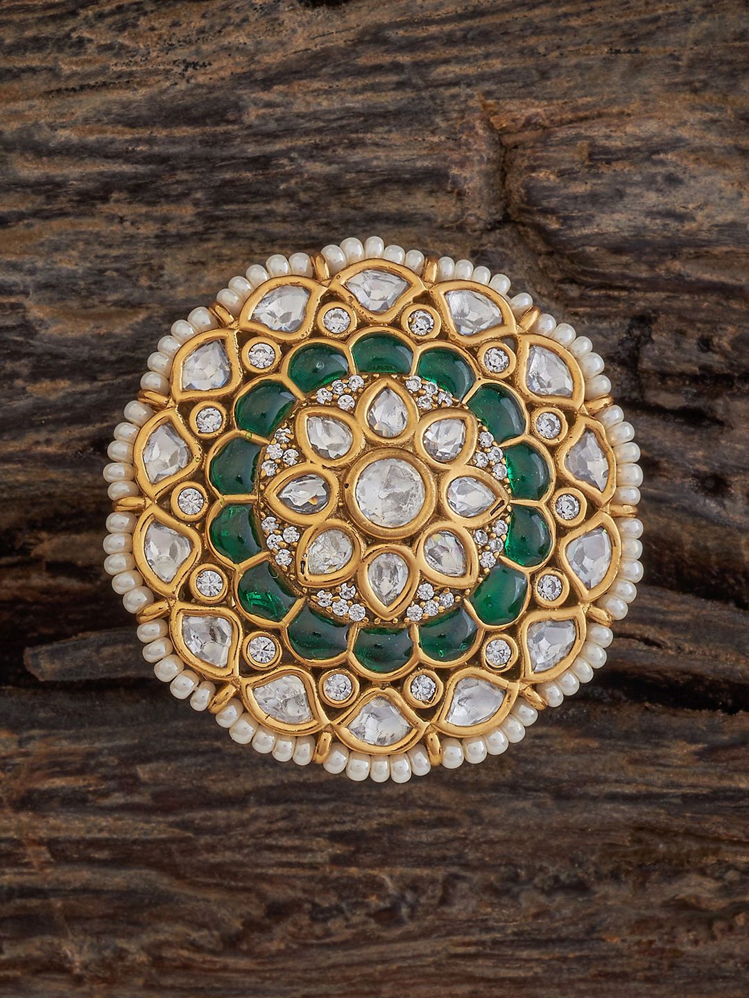 

Kushal's Fashion Jewellery Kundan Studded & Beaded Adjustable Finger Ring, Gold