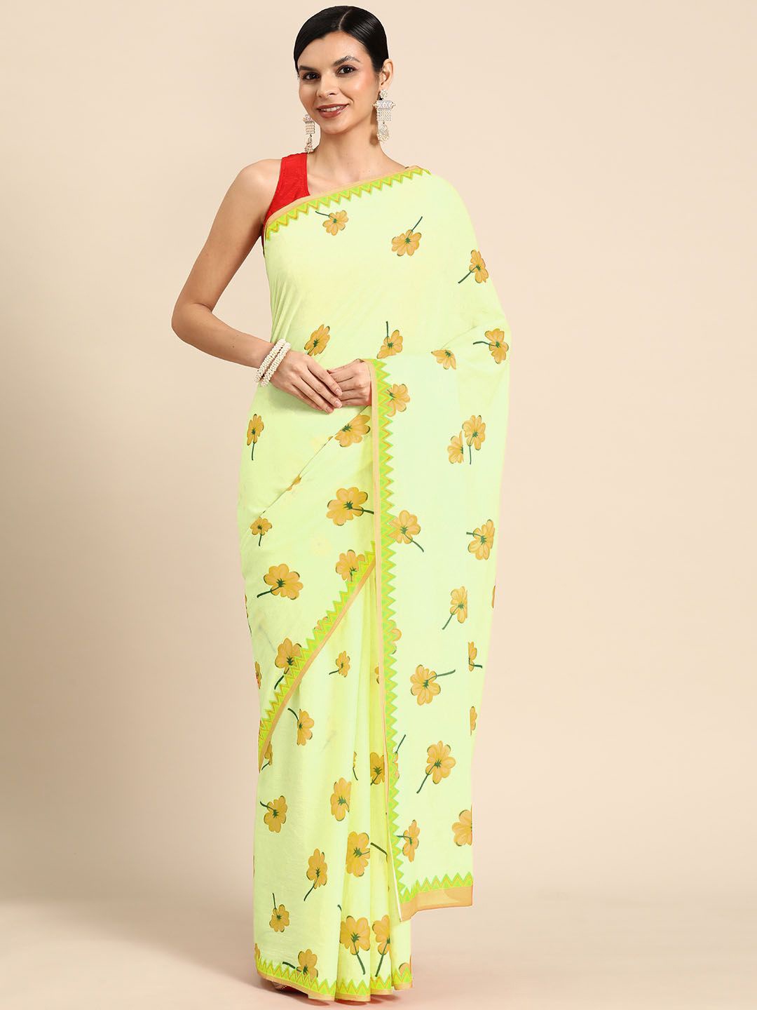 

BUTA BUTI Floral Pure Cotton Saree, Mustard