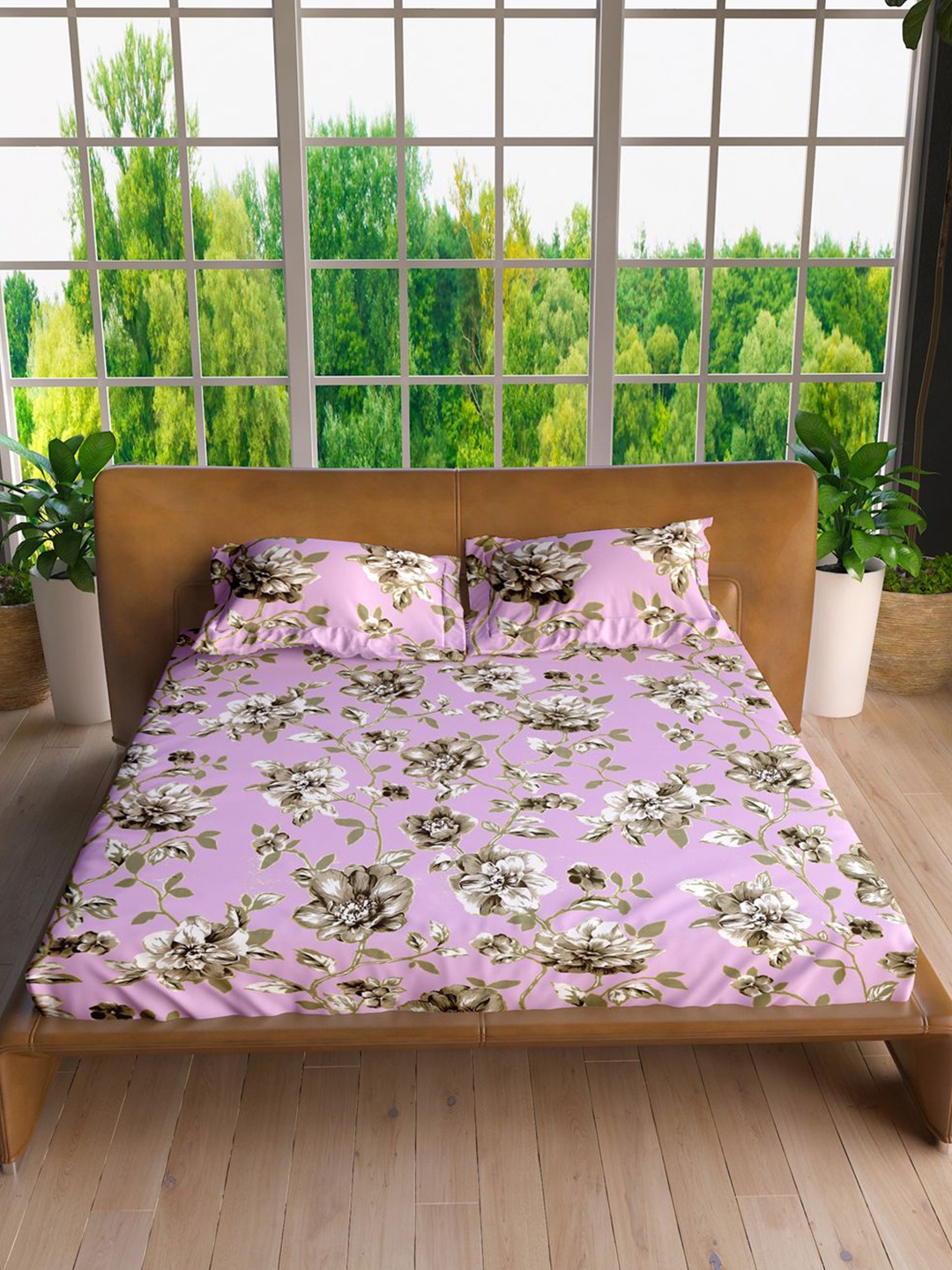 

LABHAM Pink & Beige Floral Printed 160 TC Pure Cotton King Bedsheet With 2 Pillow Covers